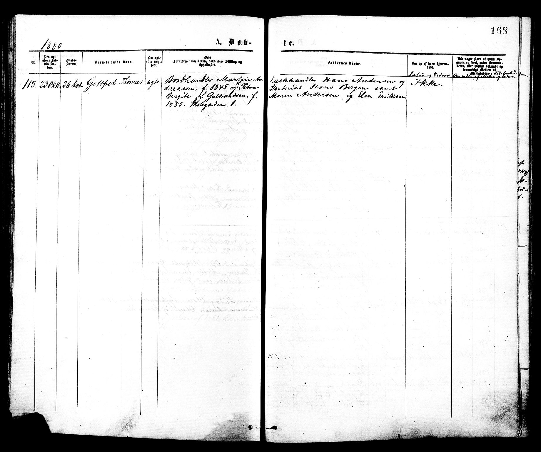 Johannes prestekontor Kirkebøker, AV/SAO-A-10852/F/Fa/L0001: Parish register (official) no. 1, 1875-1881, p. 168