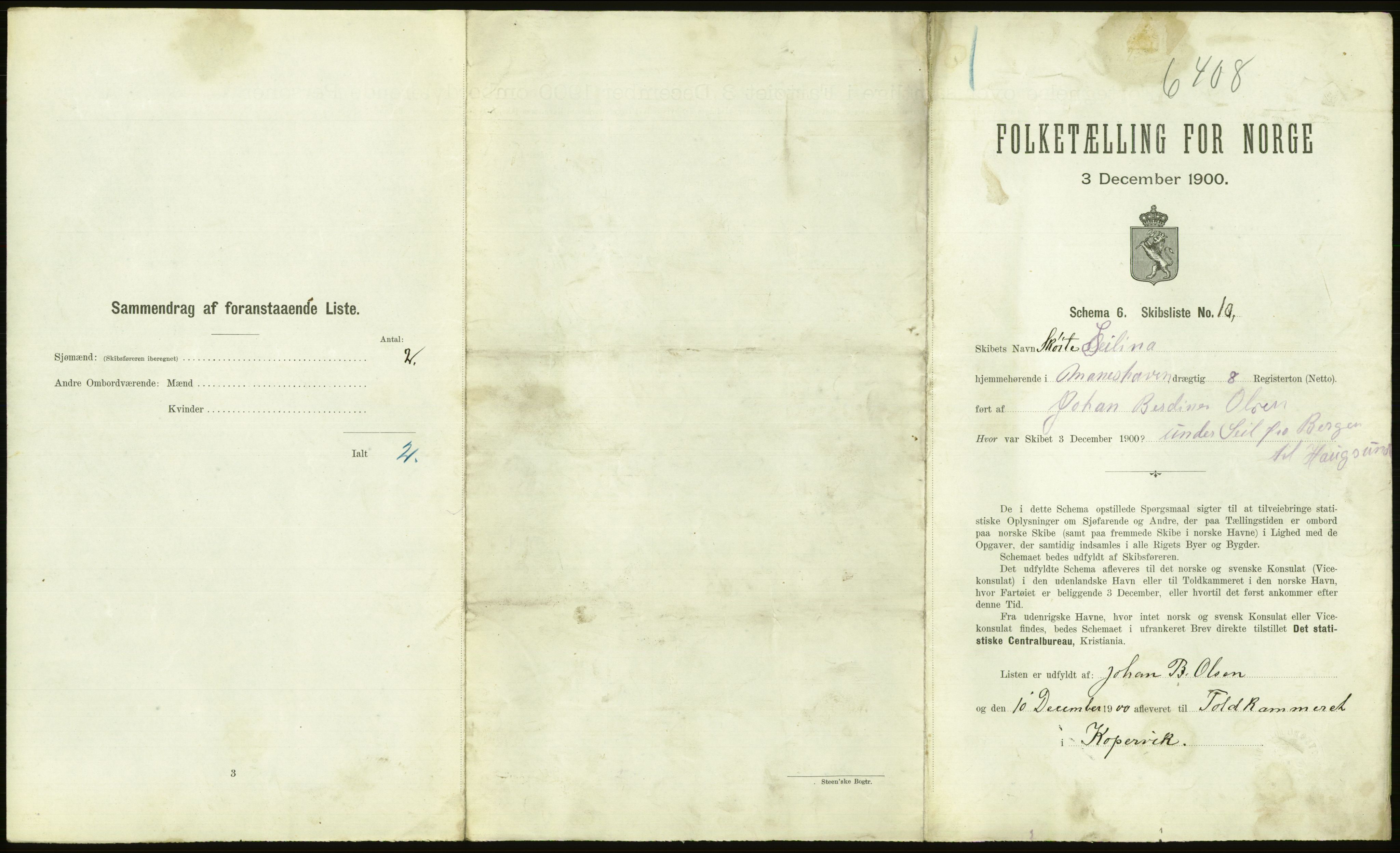 RA, 1900 Census - ship lists from ships in Norwegian harbours, harbours abroad and at sea, 1900, p. 1079