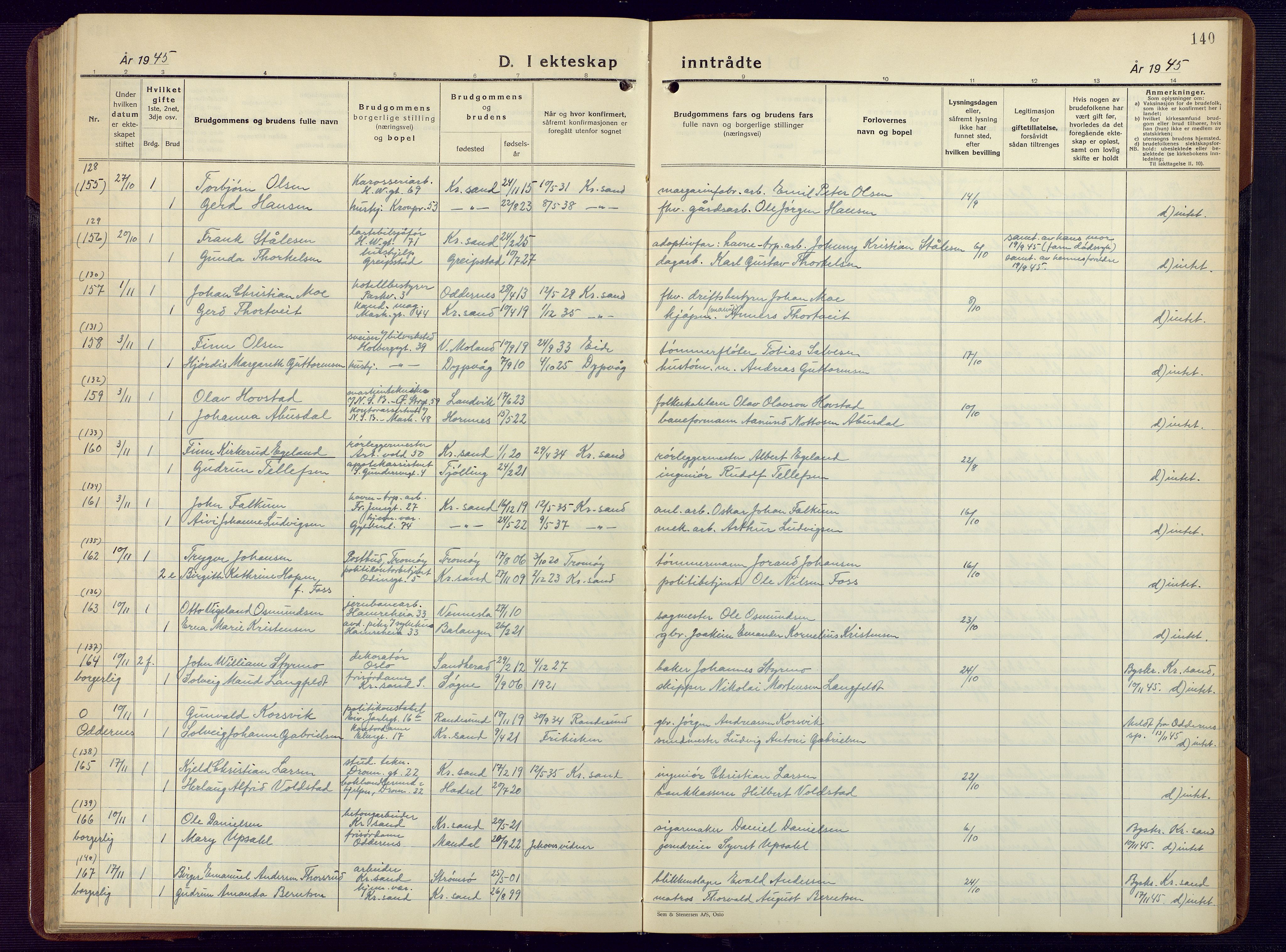 Kristiansand domprosti, SAK/1112-0006/F/Fb/L0029: Parish register (copy) no. B 29, 1937-1945, p. 140