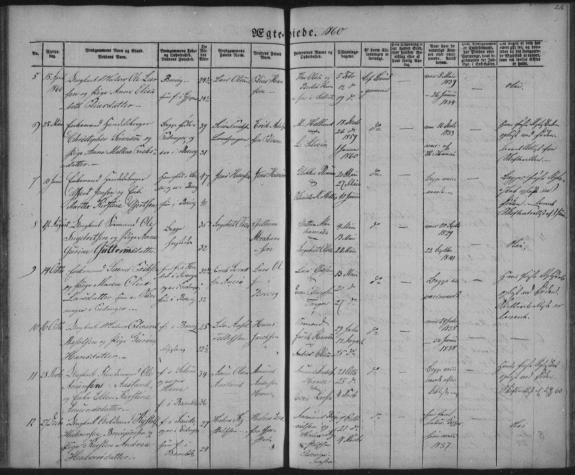 Brevik kirkebøker, AV/SAKO-A-255/F/Fa/L0005: Parish register (official) no. 5, 1847-1865, p. 216