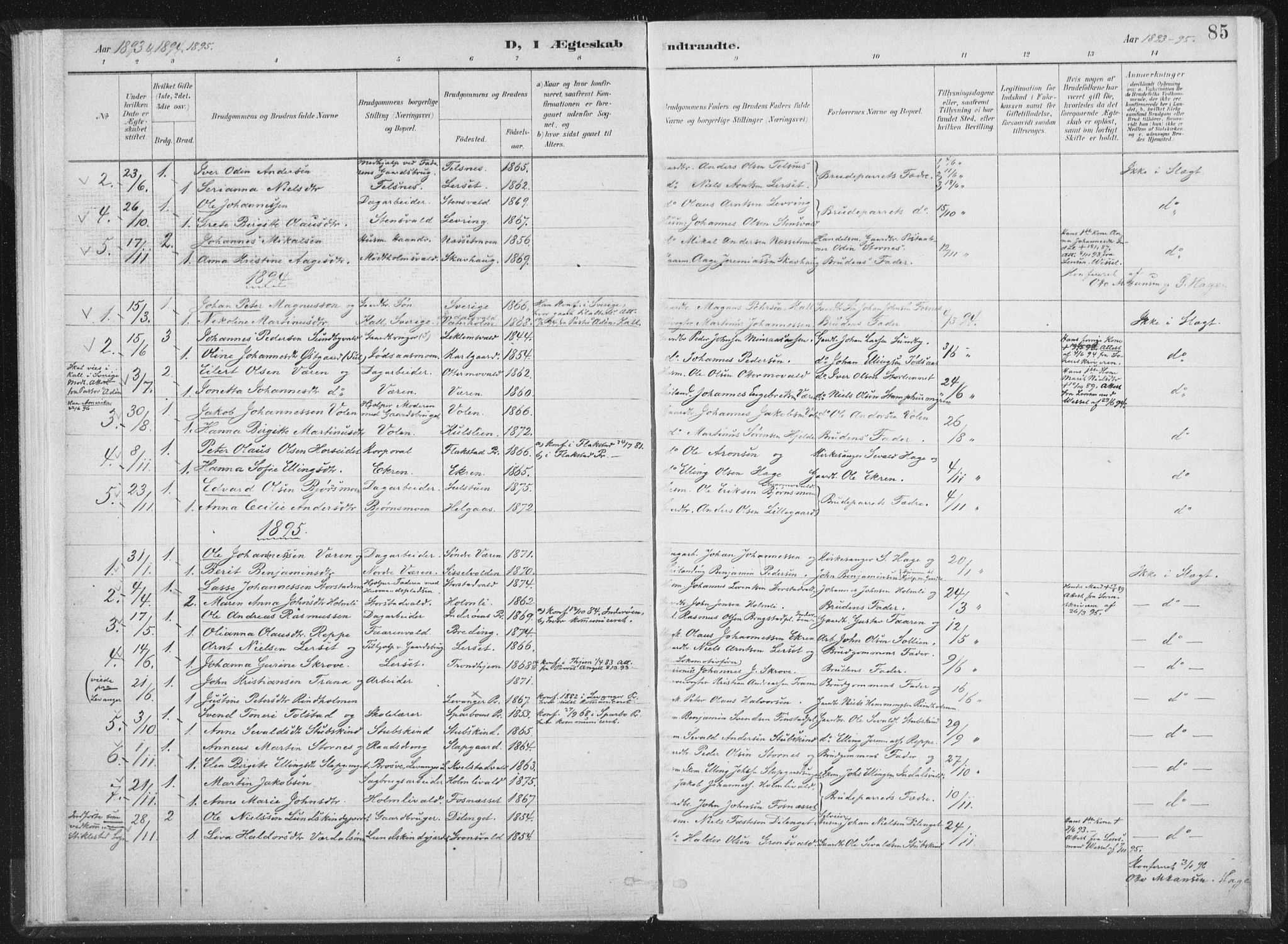 Ministerialprotokoller, klokkerbøker og fødselsregistre - Nord-Trøndelag, SAT/A-1458/724/L0263: Parish register (official) no. 724A01, 1891-1907, p. 85