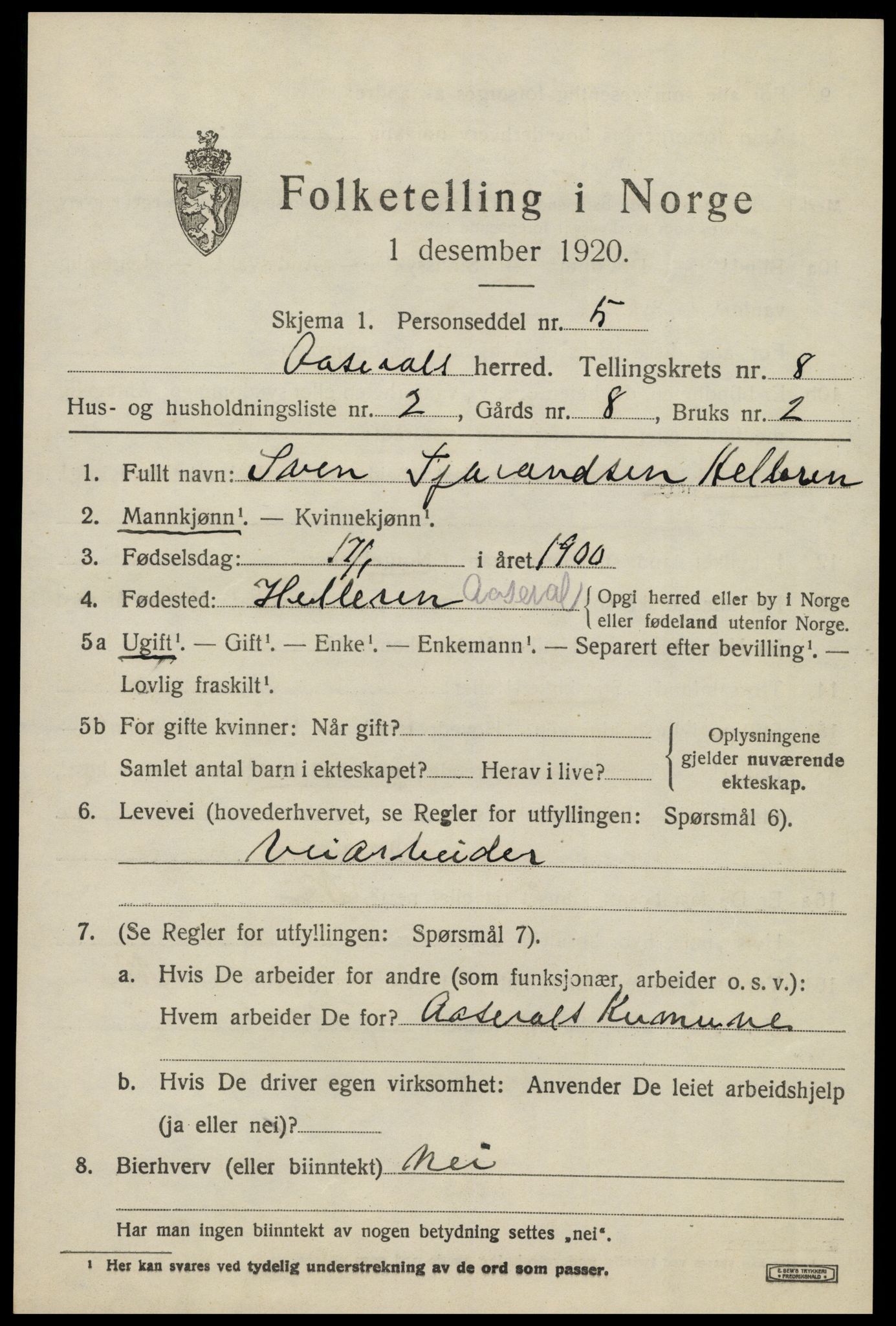 SAK, 1920 census for Åseral, 1920, p. 2458