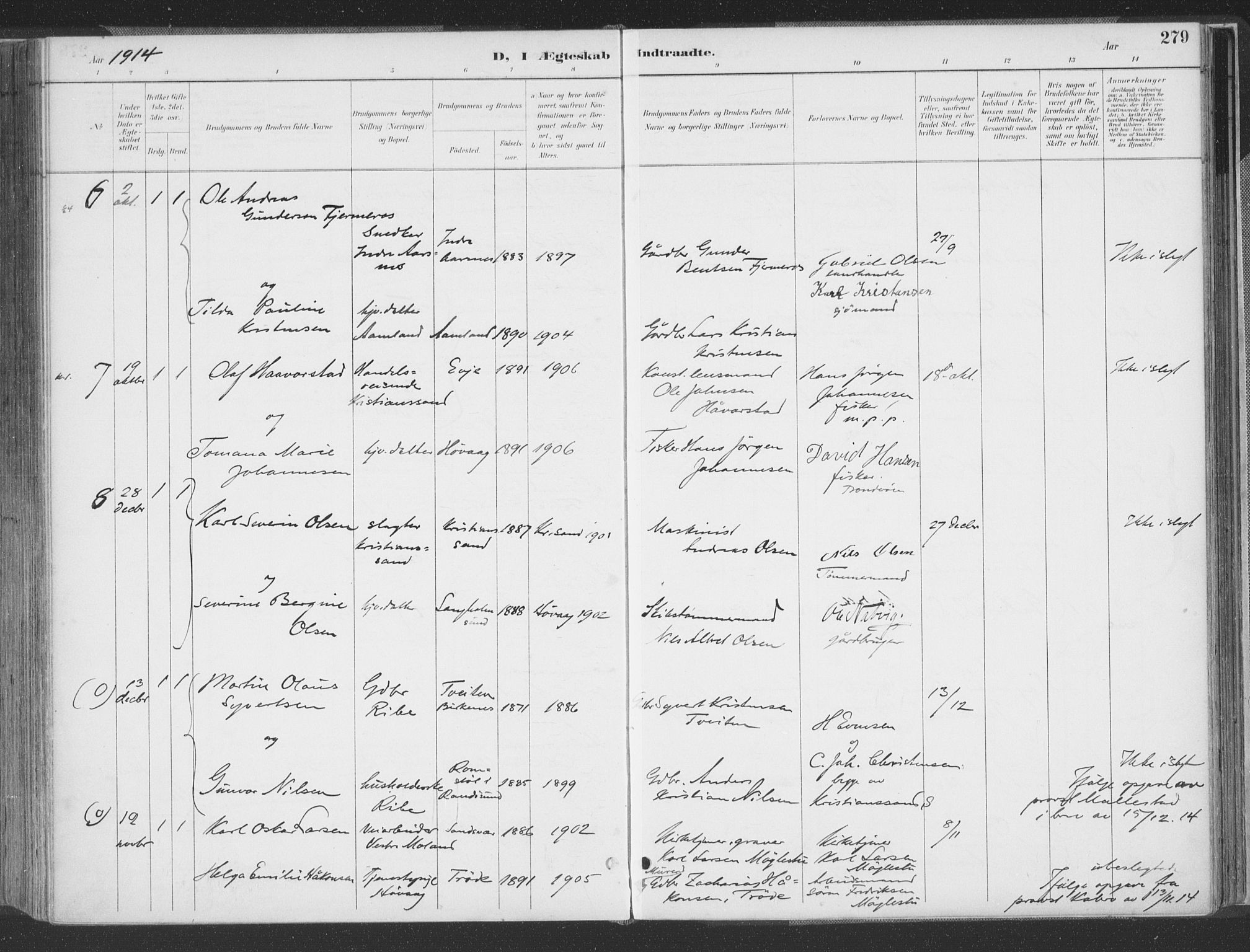 Høvåg sokneprestkontor, SAK/1111-0025/F/Fa/L0006: Parish register (official) no. A 6, 1894-1923, p. 279