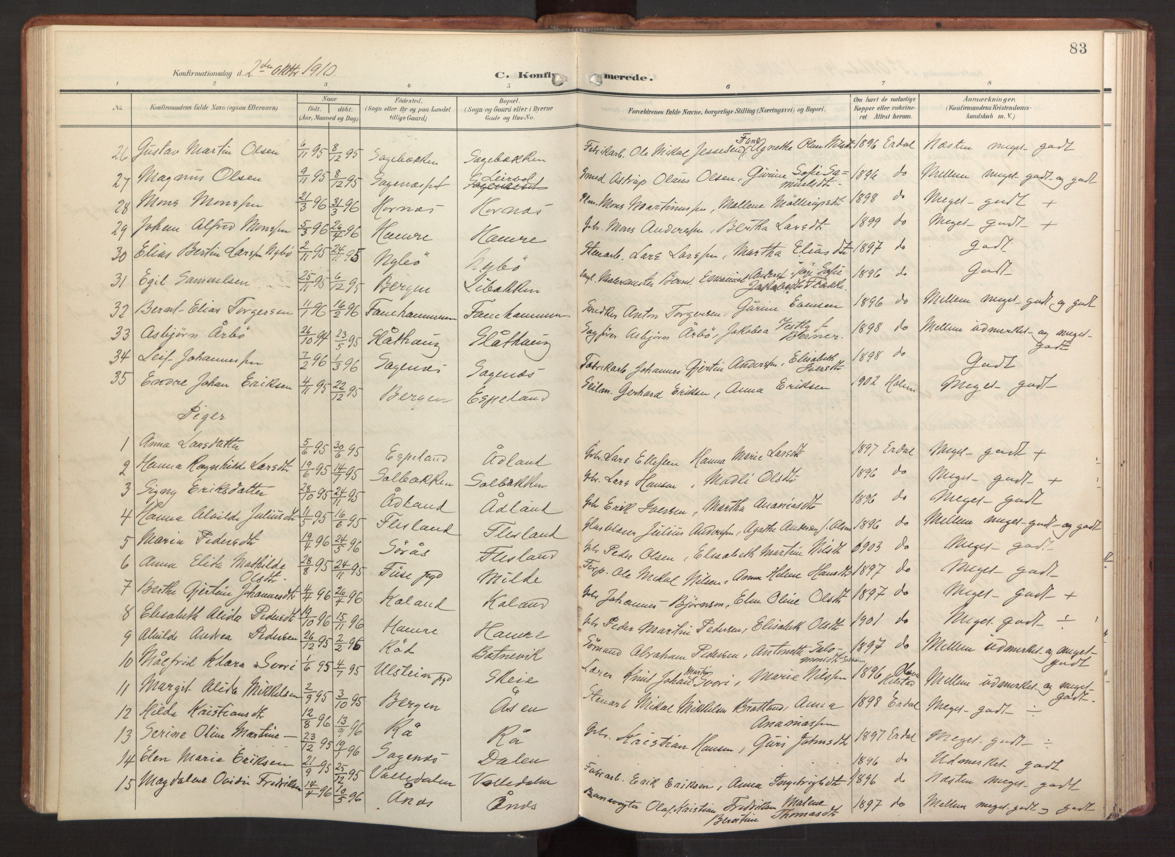 Fana Sokneprestembete, AV/SAB-A-75101/H/Haa/Haab/L0004: Parish register (official) no. B 4, 1908-1915, p. 83