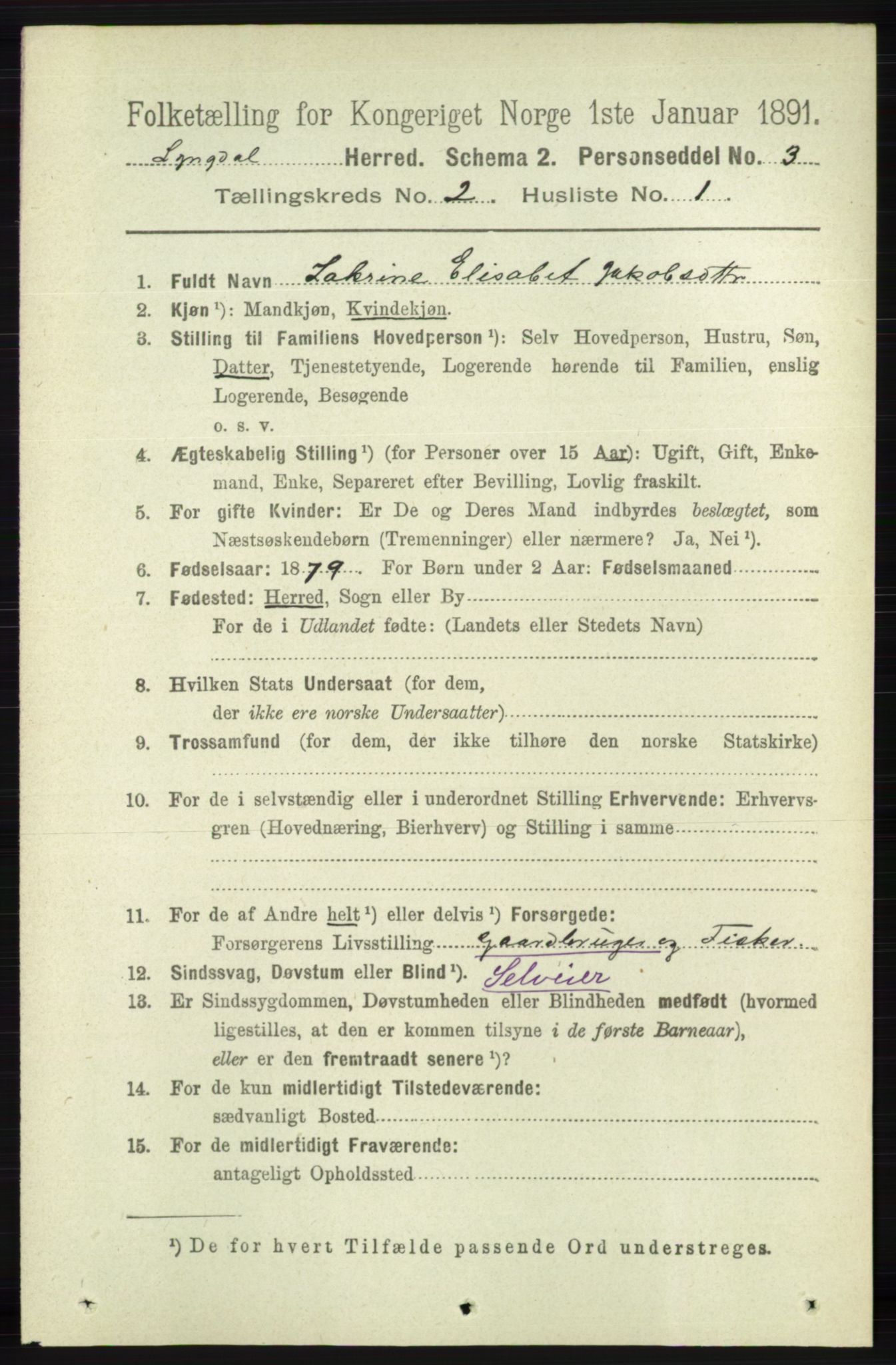 RA, 1891 census for 1032 Lyngdal, 1891, p. 548