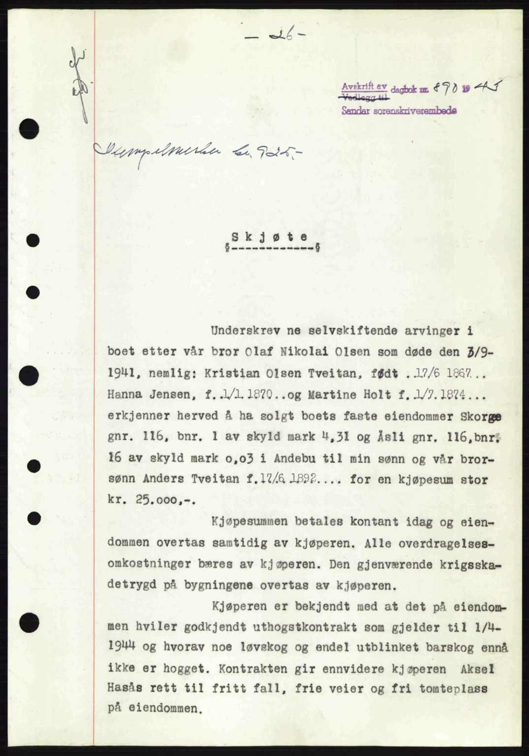 Jarlsberg sorenskriveri, SAKO/A-131/G/Ga/Gaa/L0013: Mortgage book no. A-13, 1942-1943, Diary no: : 890/1943