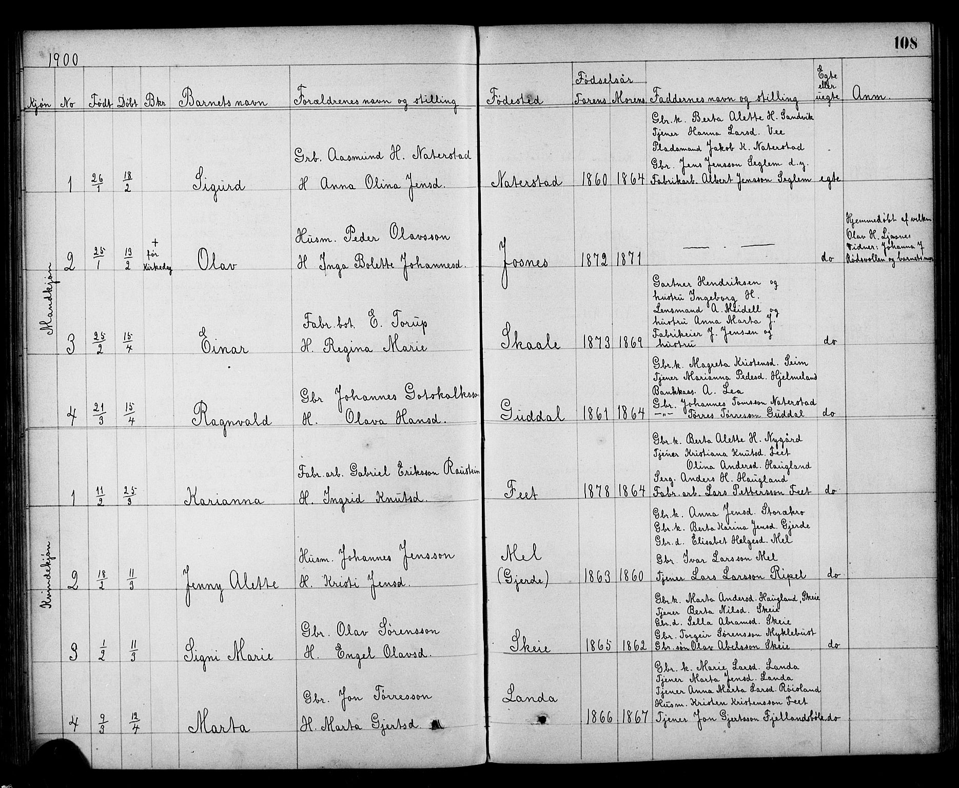 Kvinnherad sokneprestembete, AV/SAB-A-76401/H/Hab: Parish register (copy) no. A 2, 1873-1900, p. 108