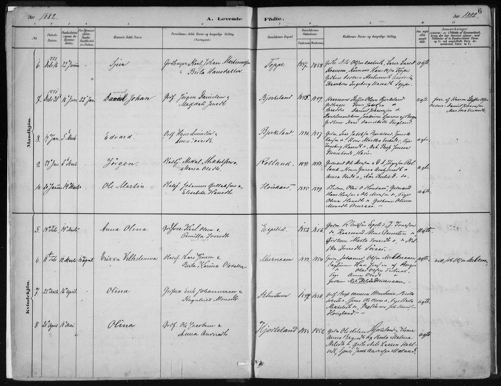 Hamre sokneprestembete, AV/SAB-A-75501/H/Ha/Haa/Haad/L0001: Parish register (official) no. D  1, 1882-1906, p. 6