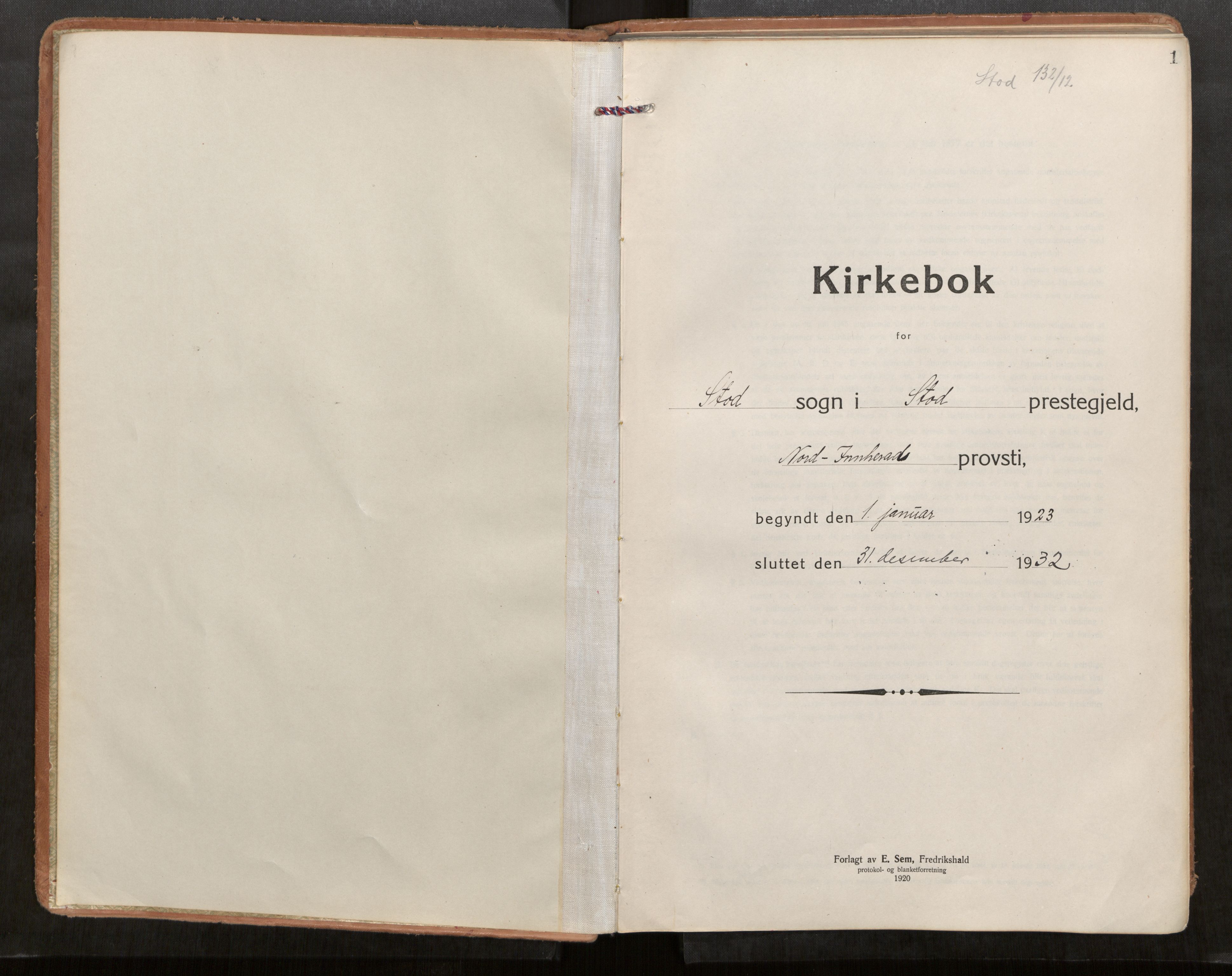 Stod sokneprestkontor, AV/SAT-A-1164/1/I/I1/I1a/L0005: Parish register (official) no. 5, 1923-1932, p. 1