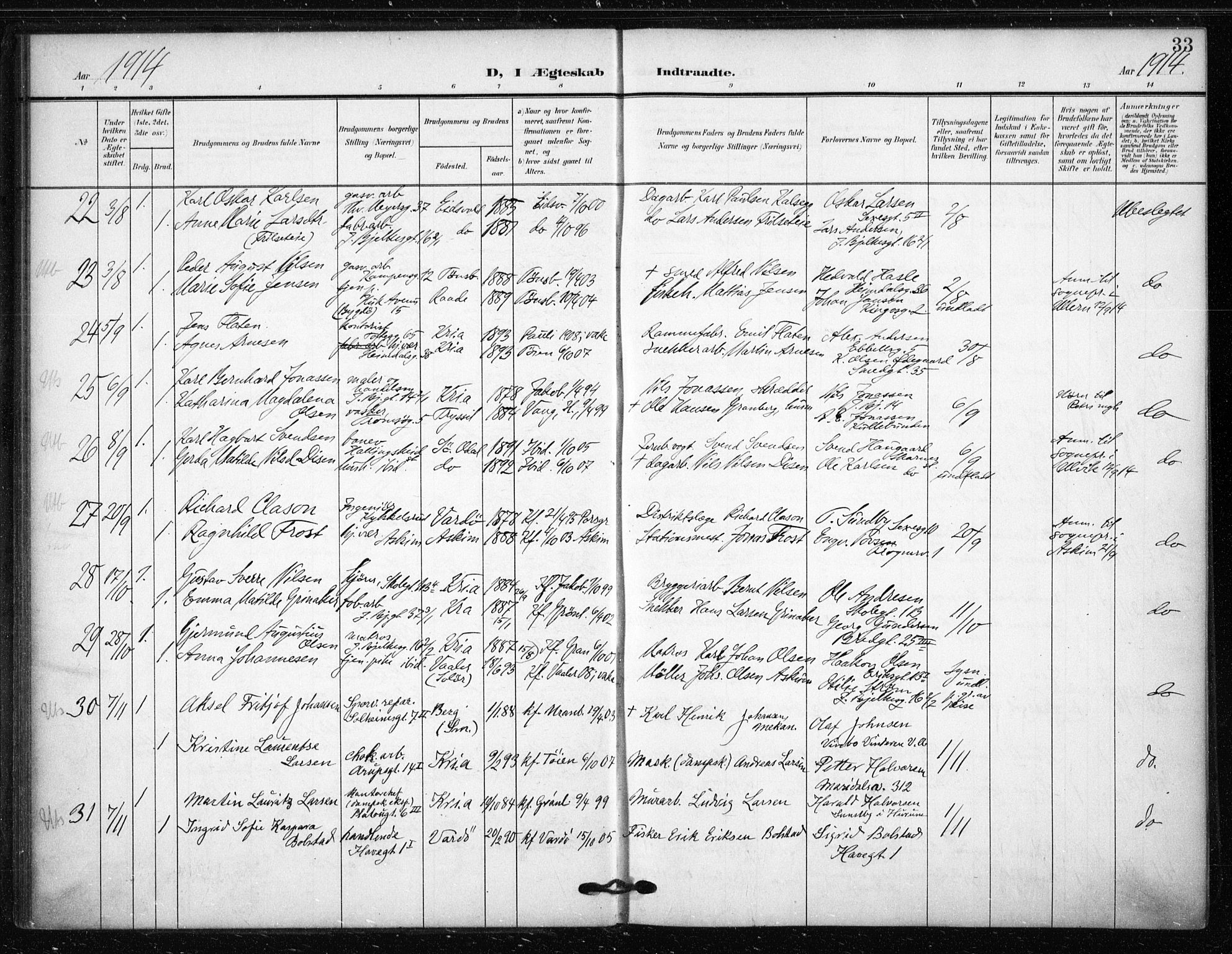 Tøyen prestekontor Kirkebøker, AV/SAO-A-10167a/F/Fa/L0002: Parish register (official) no. I 2, 1907-1916, p. 33