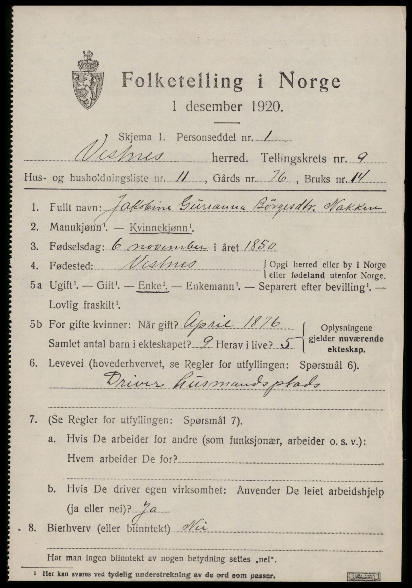 SAT, 1920 census for Vestnes, 1920, p. 6103