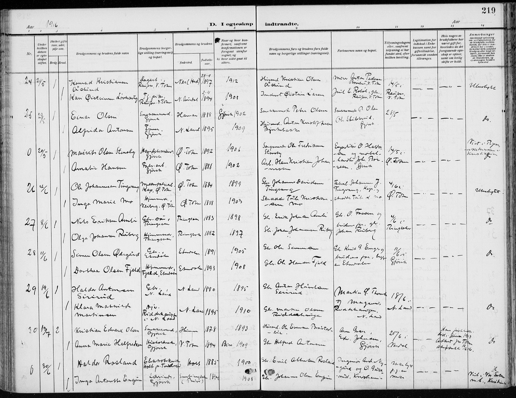 Vardal prestekontor, AV/SAH-PREST-100/H/Ha/Haa/L0014: Parish register (official) no. 14, 1912-1922, p. 219