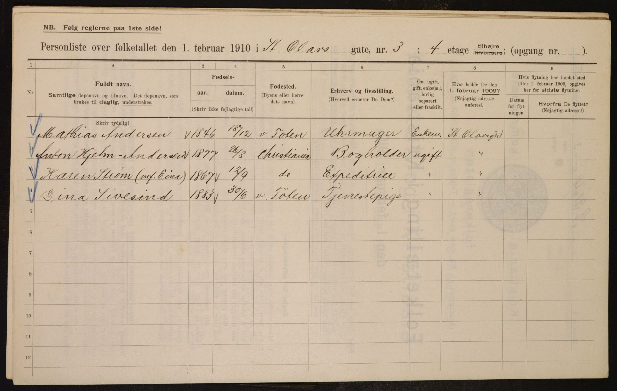 OBA, Municipal Census 1910 for Kristiania, 1910, p. 84098