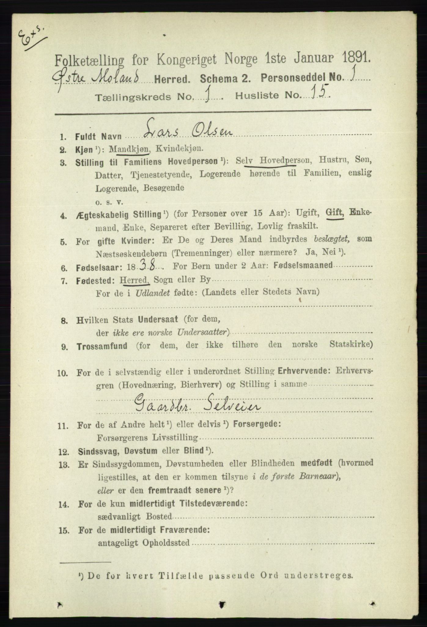 RA, Census 1891 for Nedenes amt: Gjenparter av personsedler for beslektede ektefeller, menn, 1891, p. 461