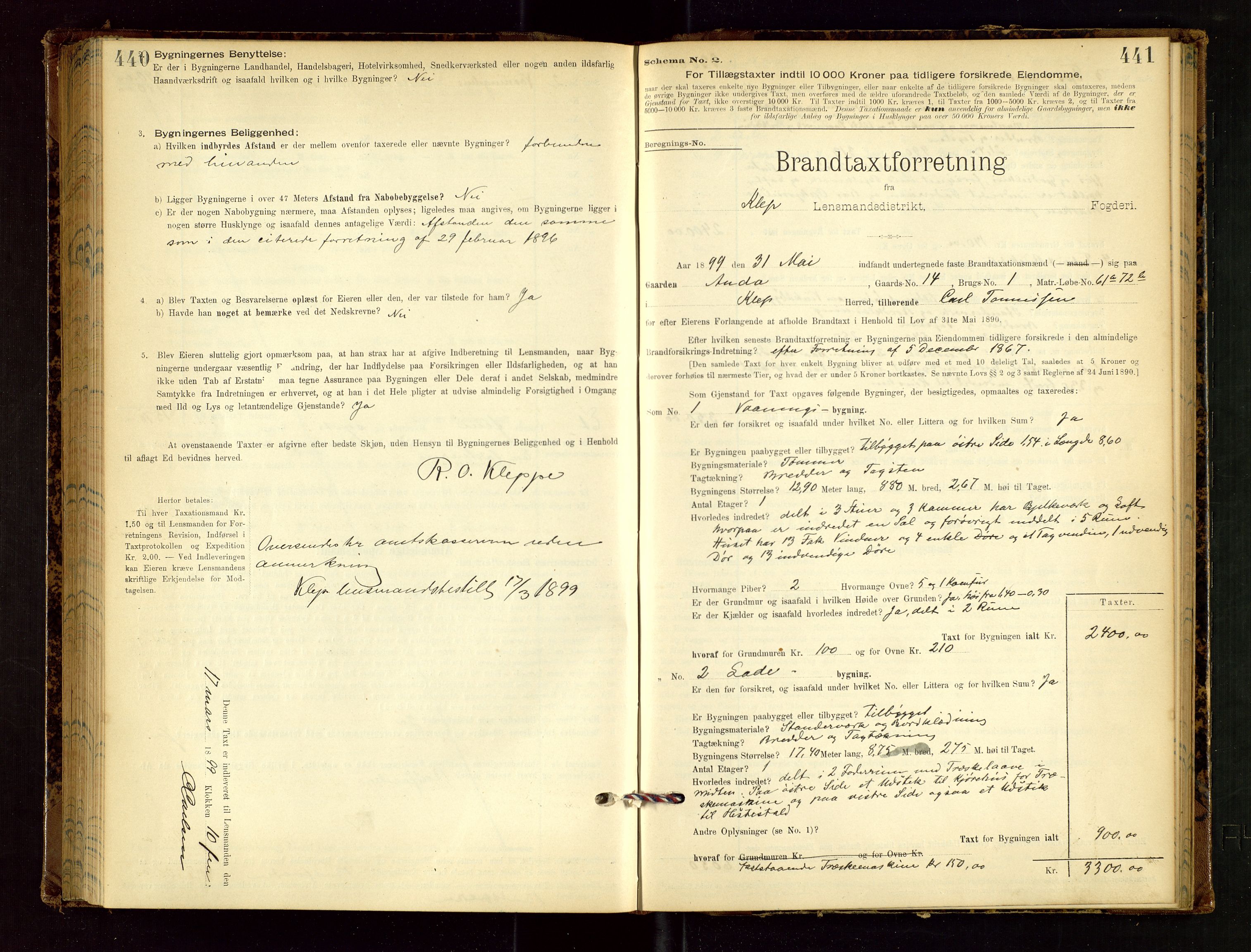 Klepp lensmannskontor, AV/SAST-A-100163/Goc/L0002: "Brandtaxationsprotokol" m/register, 1898-1902, p. 440-441