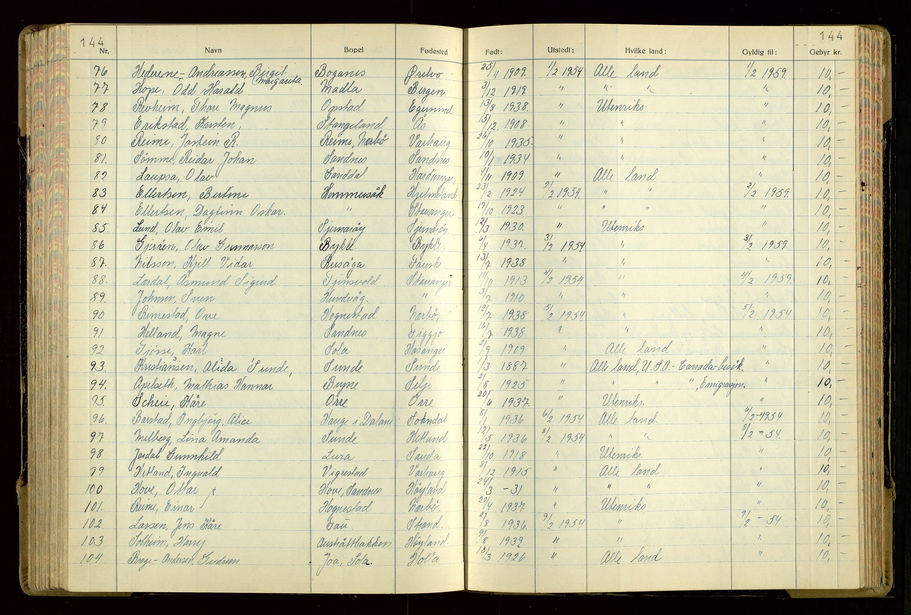 Rogaland politikammer, AV/SAST-A-101403/K/Ka/L0004: Passprotokoll, 1950-1955, p. 144