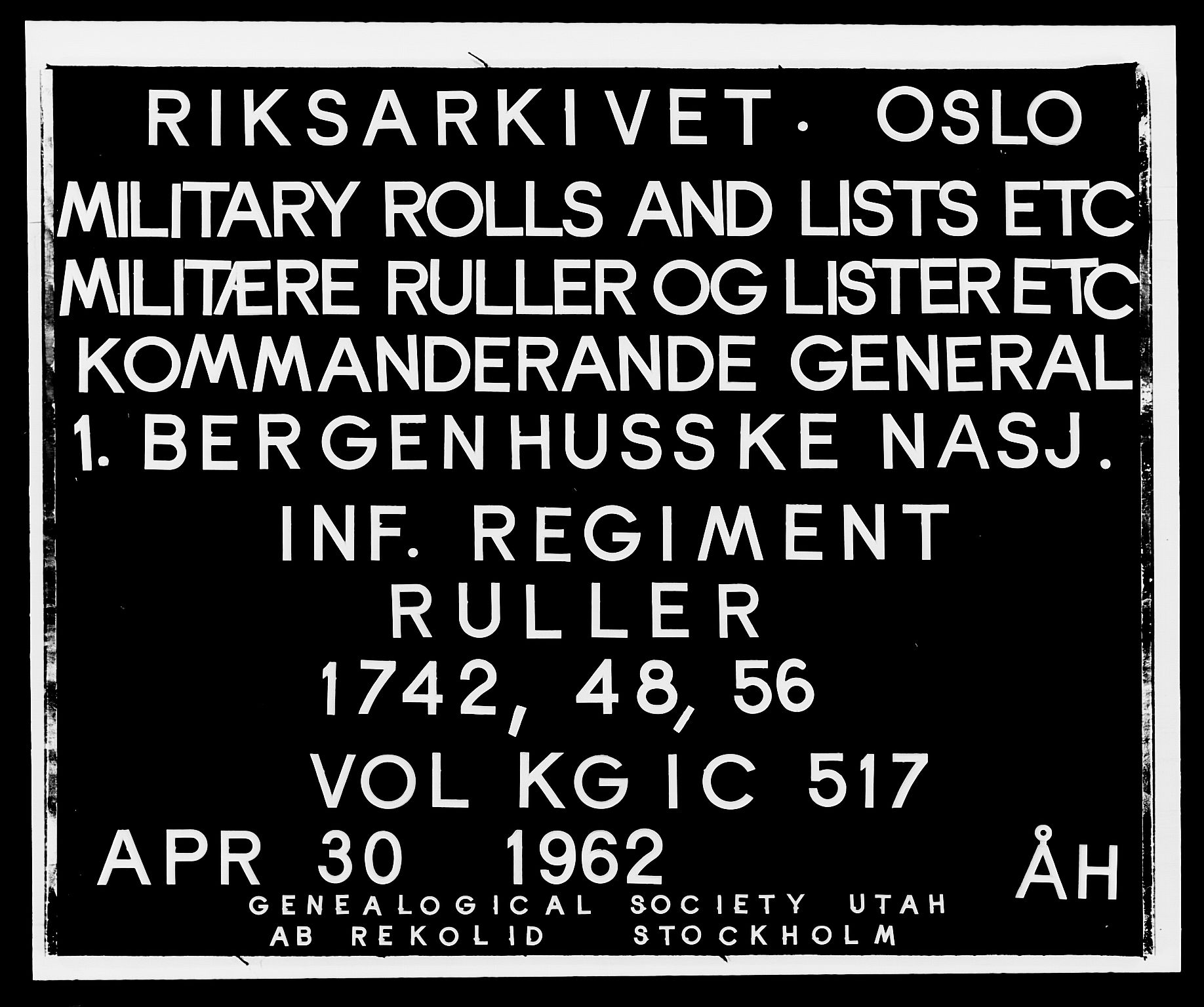 Kommanderende general (KG I) med Det norske krigsdirektorium, RA/EA-5419/E/Ea/L0517: 1. Bergenhusiske regiment, 1742-1756, p. 1