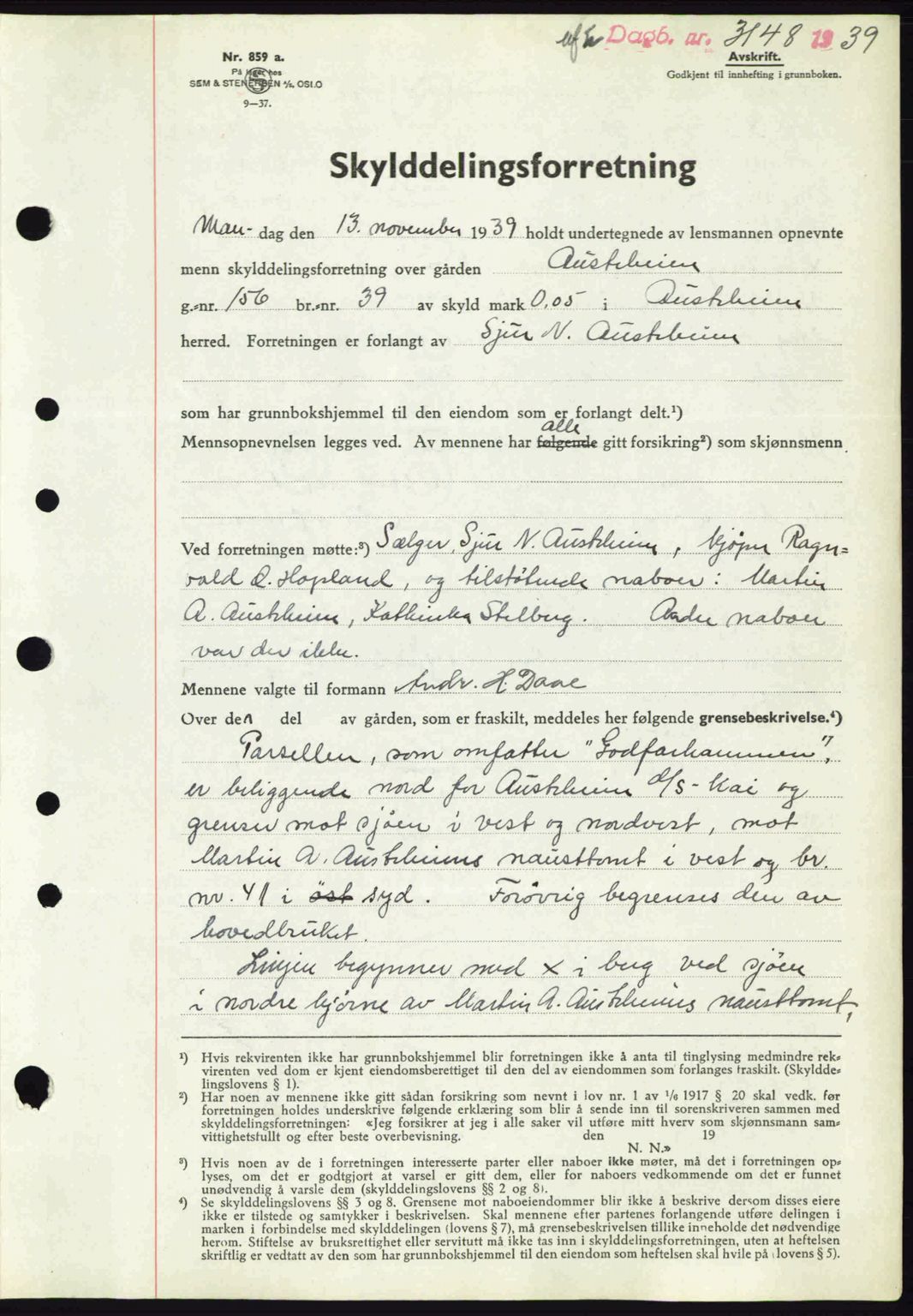 Nordhordland sorenskrivar, SAB/A-2901/1/G/Gb/Gbf/L0010: Mortgage book no. A10, 1939-1940, Diary no: : 3148/1939