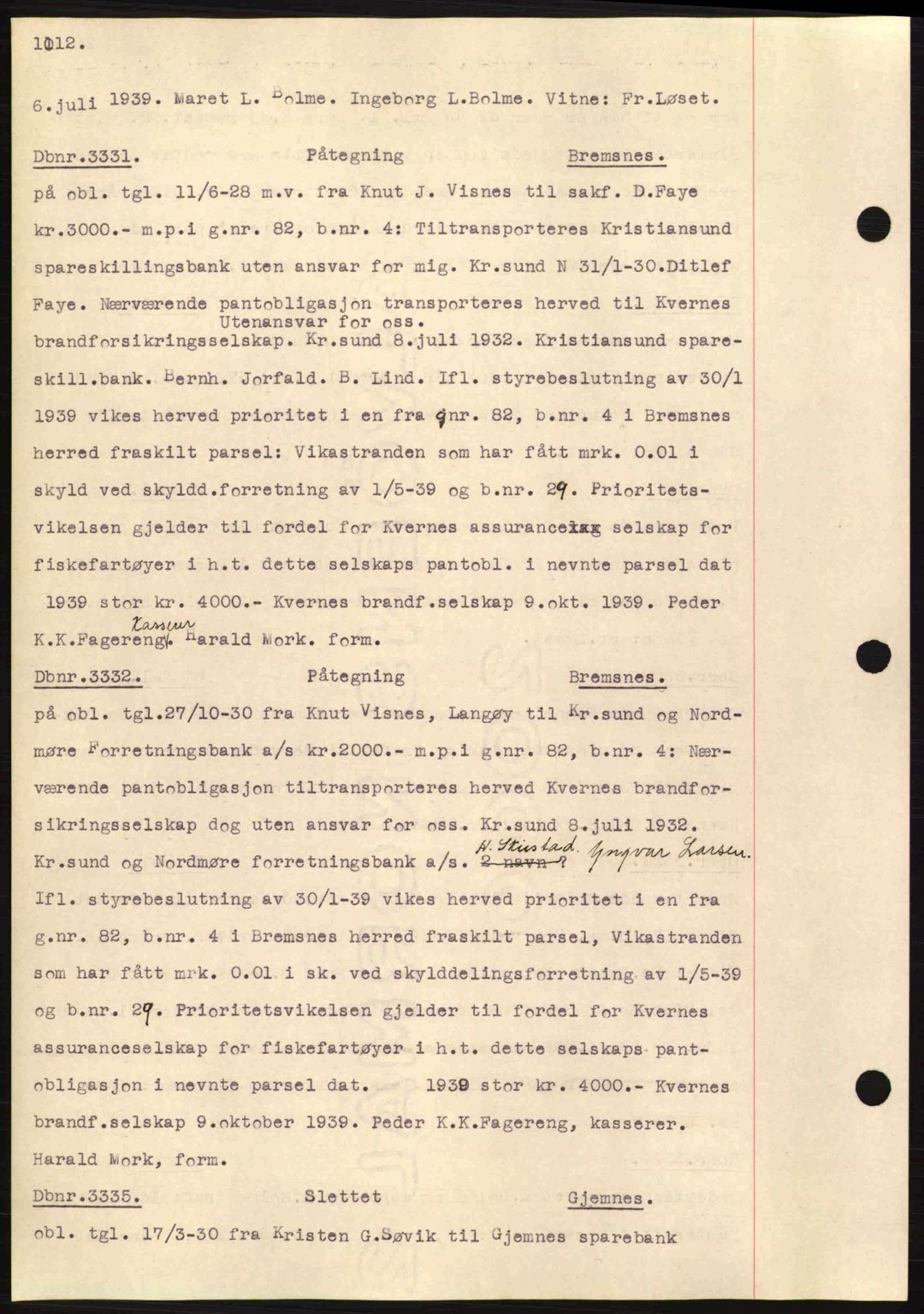 Nordmøre sorenskriveri, AV/SAT-A-4132/1/2/2Ca: Mortgage book no. C80, 1936-1939, Diary no: : 3331/1939