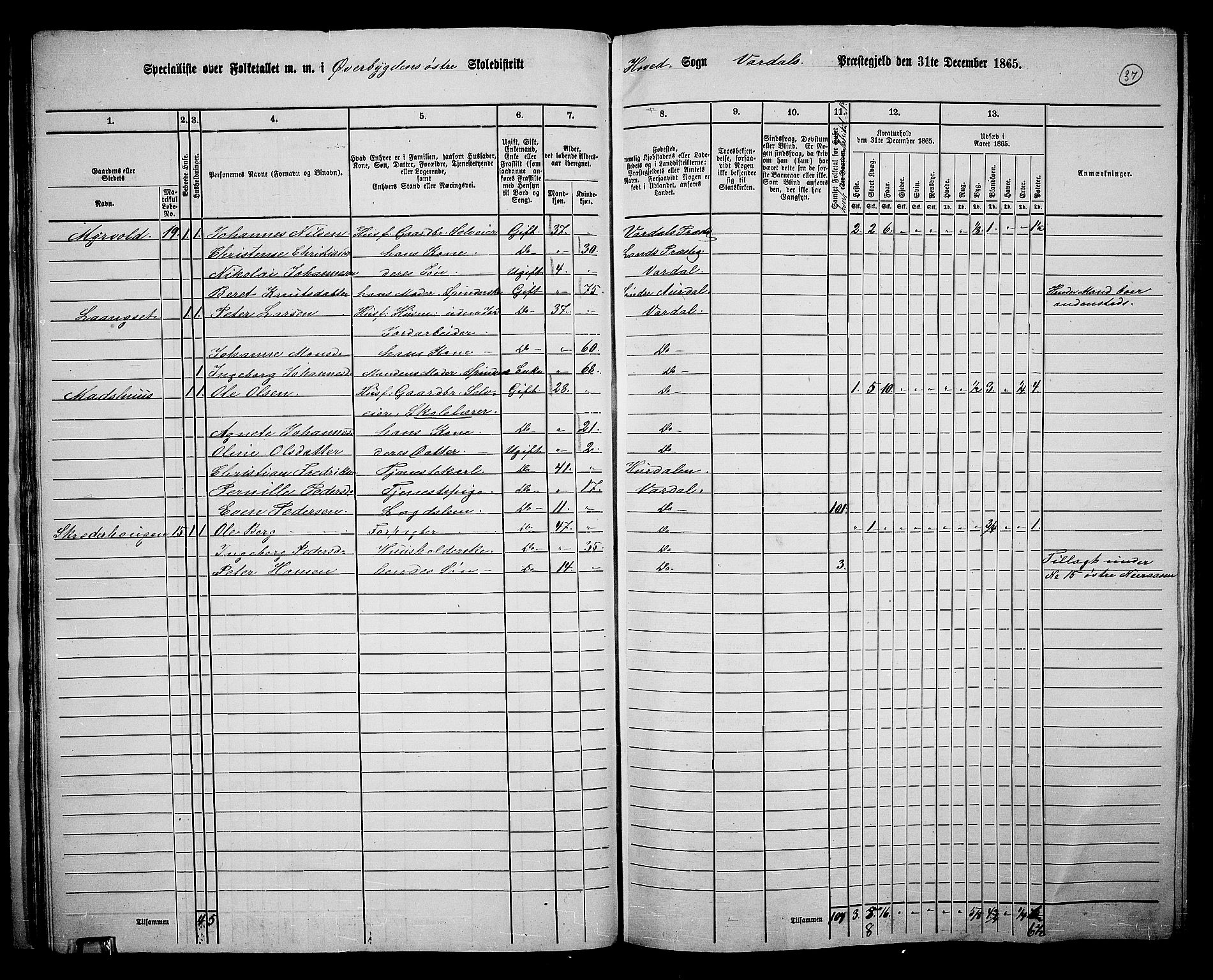 RA, 1865 census for Vardal/Vardal og Hunn, 1865, p. 33