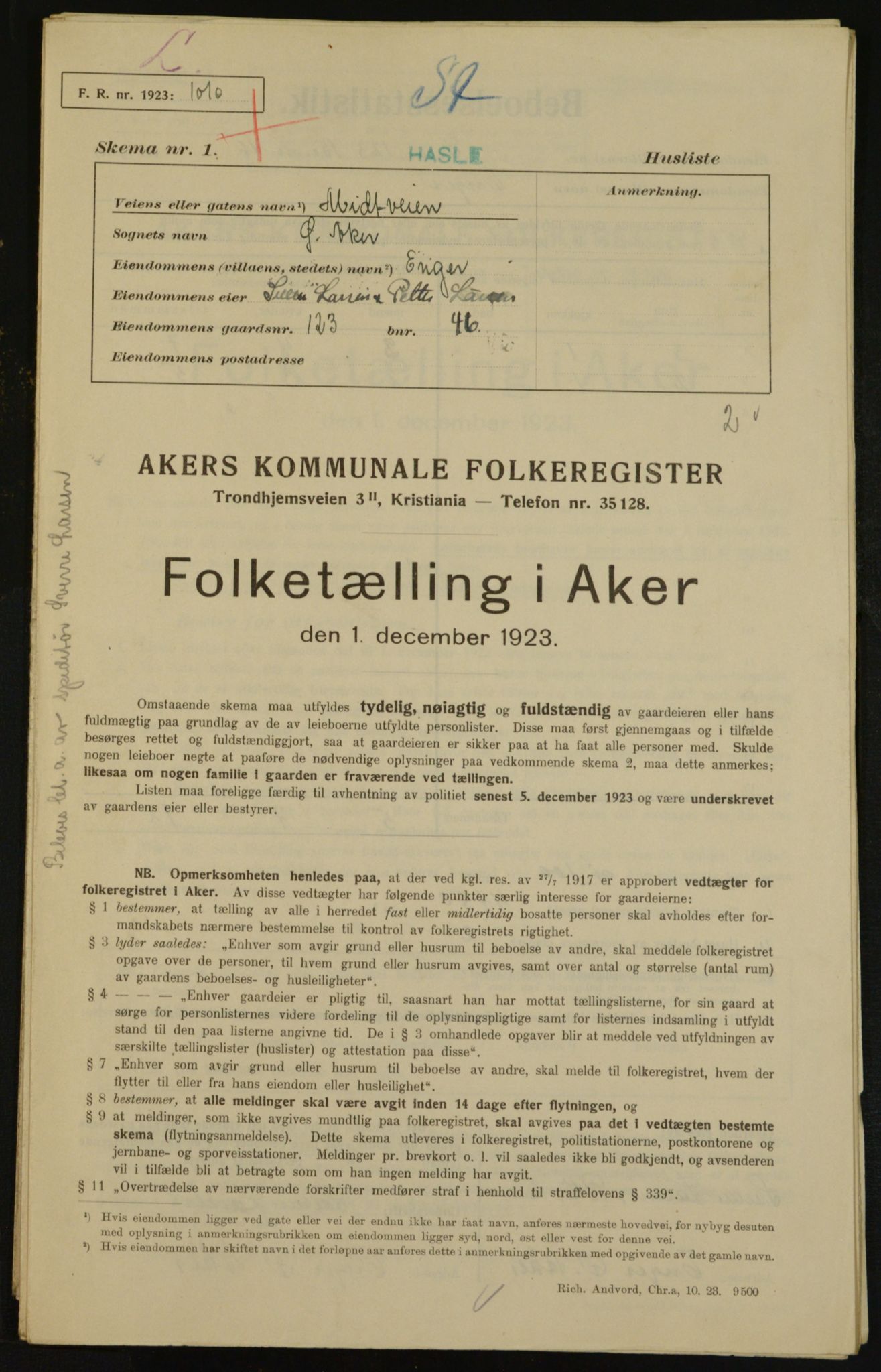 , Municipal Census 1923 for Aker, 1923, p. 28990