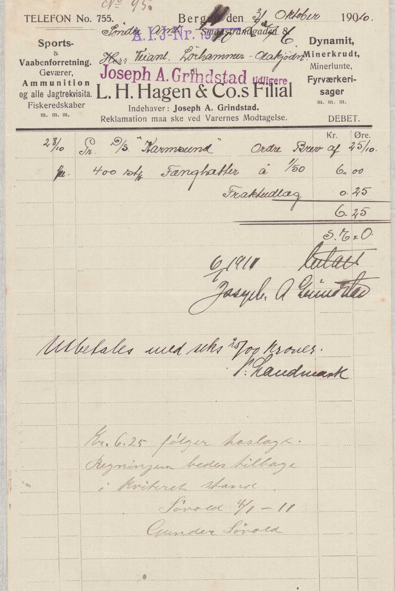 Finnaas kommune. Formannskapet, IKAH/1218a-021/E/Ea/L0001/0003: Rekneskap for veganlegg / Rekneskap for veganlegget Laurhammer - Olakjødn, 1909-1911, p. 55