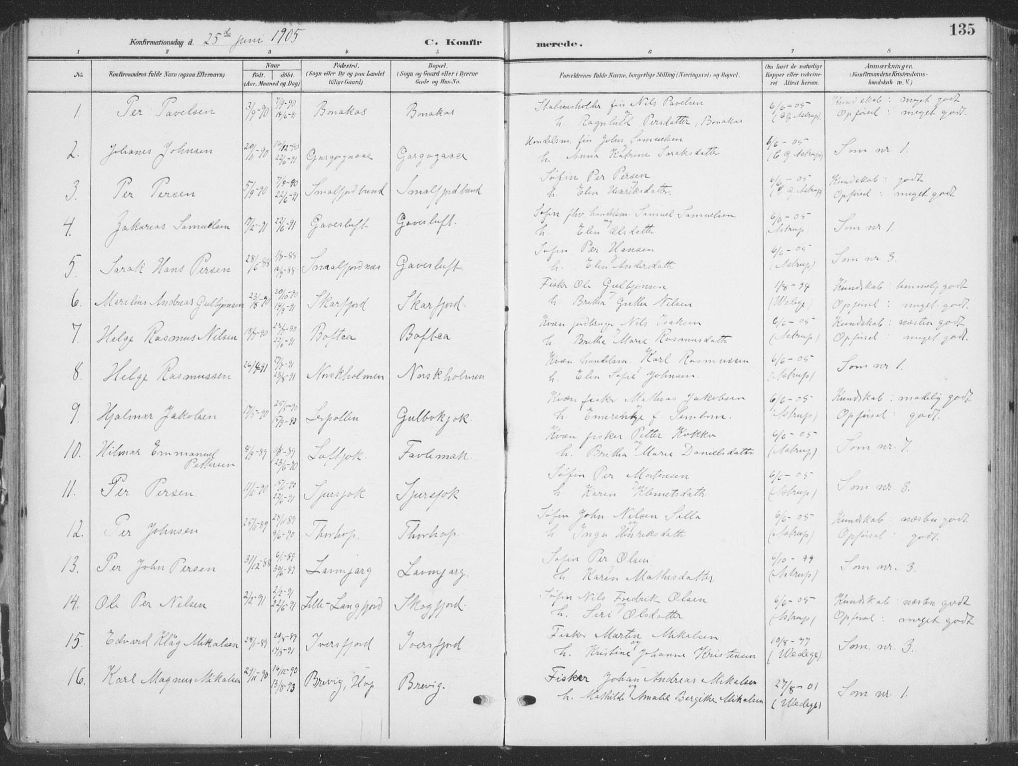 Tana sokneprestkontor, SATØ/S-1334/H/Ha/L0007kirke: Parish register (official) no. 7, 1904-1918, p. 135