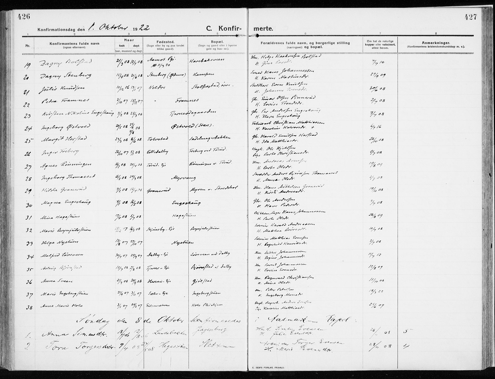 Ringsaker prestekontor, AV/SAH-PREST-014/K/Ka/L0020: Parish register (official) no. 20, 1913-1922, p. 426-427