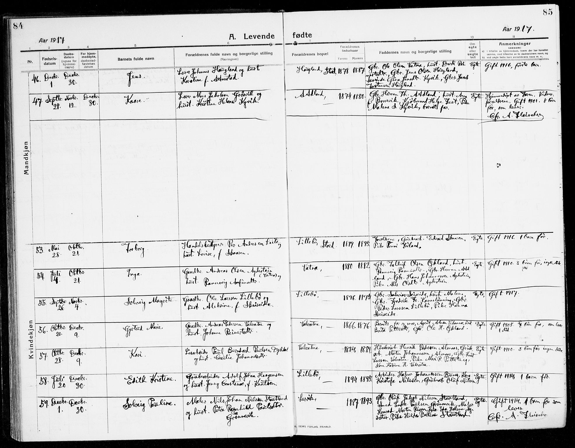 Stord sokneprestembete, AV/SAB-A-78201/H/Haa: Parish register (official) no. B 3, 1913-1925, p. 84-85