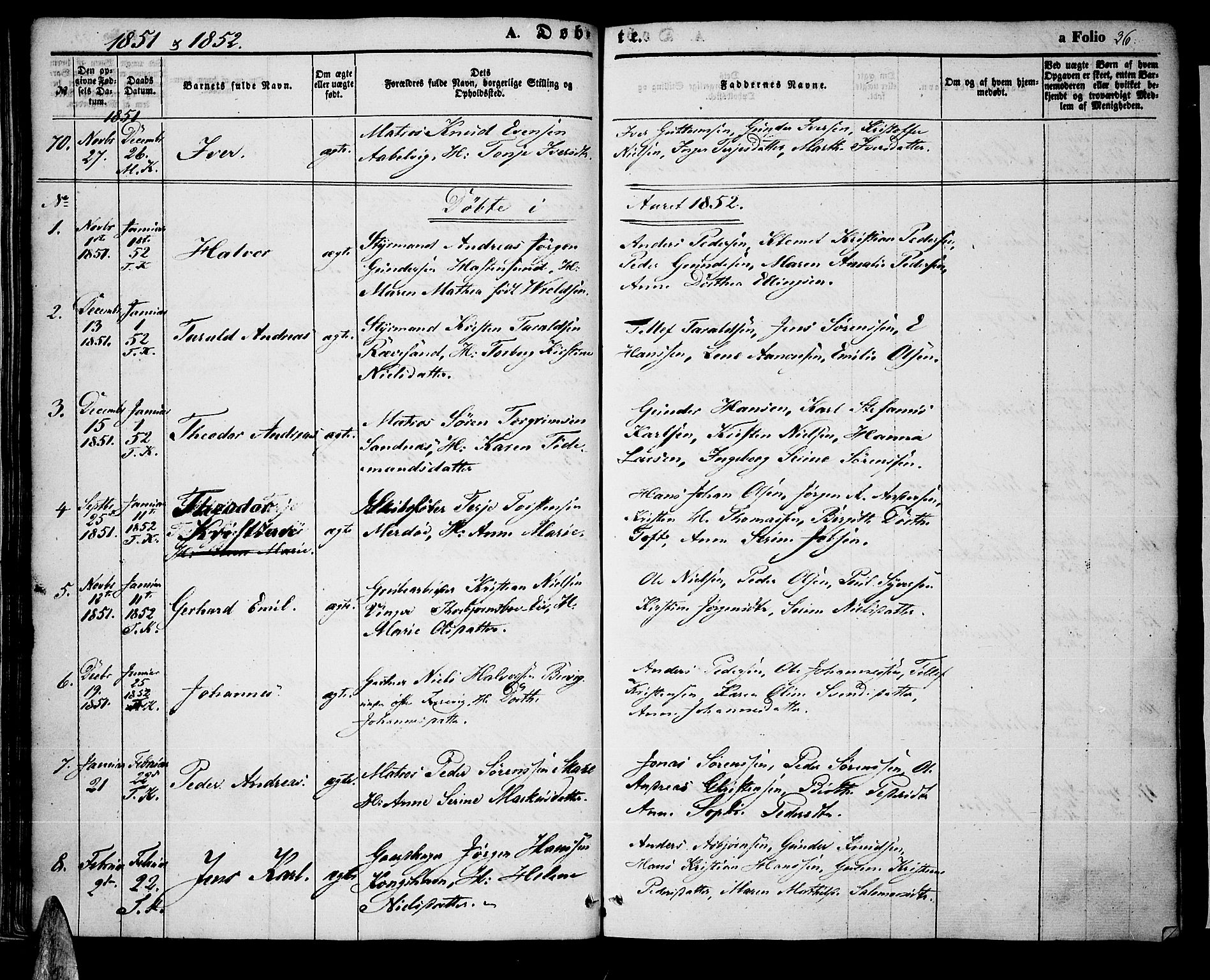 Tromøy sokneprestkontor, SAK/1111-0041/F/Fa/L0005: Parish register (official) no. A 5, 1847-1856, p. 36