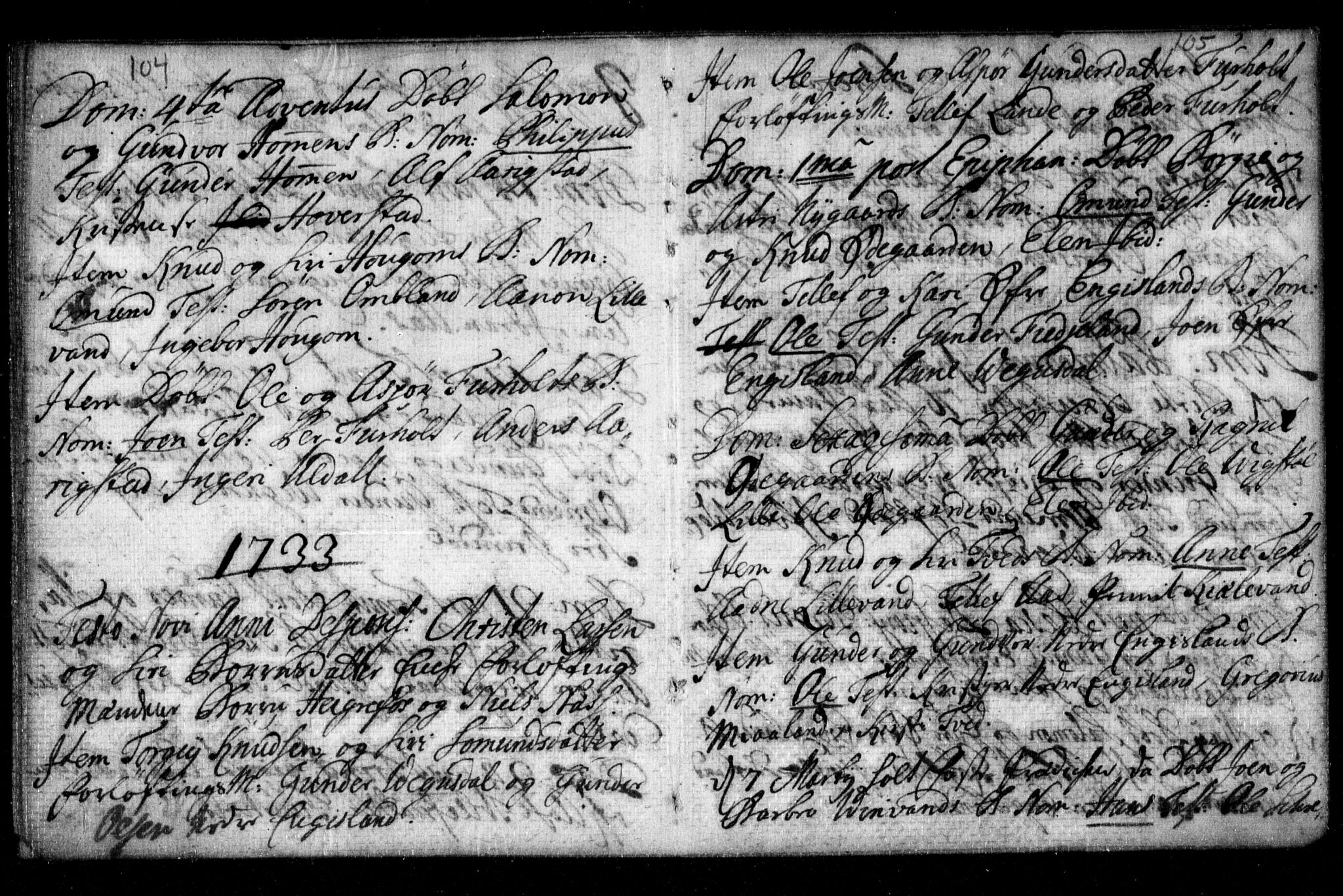 Herefoss sokneprestkontor, AV/SAK-1111-0019/F/Fa/Fab/L0001: Parish register (official) no. A 1, 1704-1779, p. 104-105