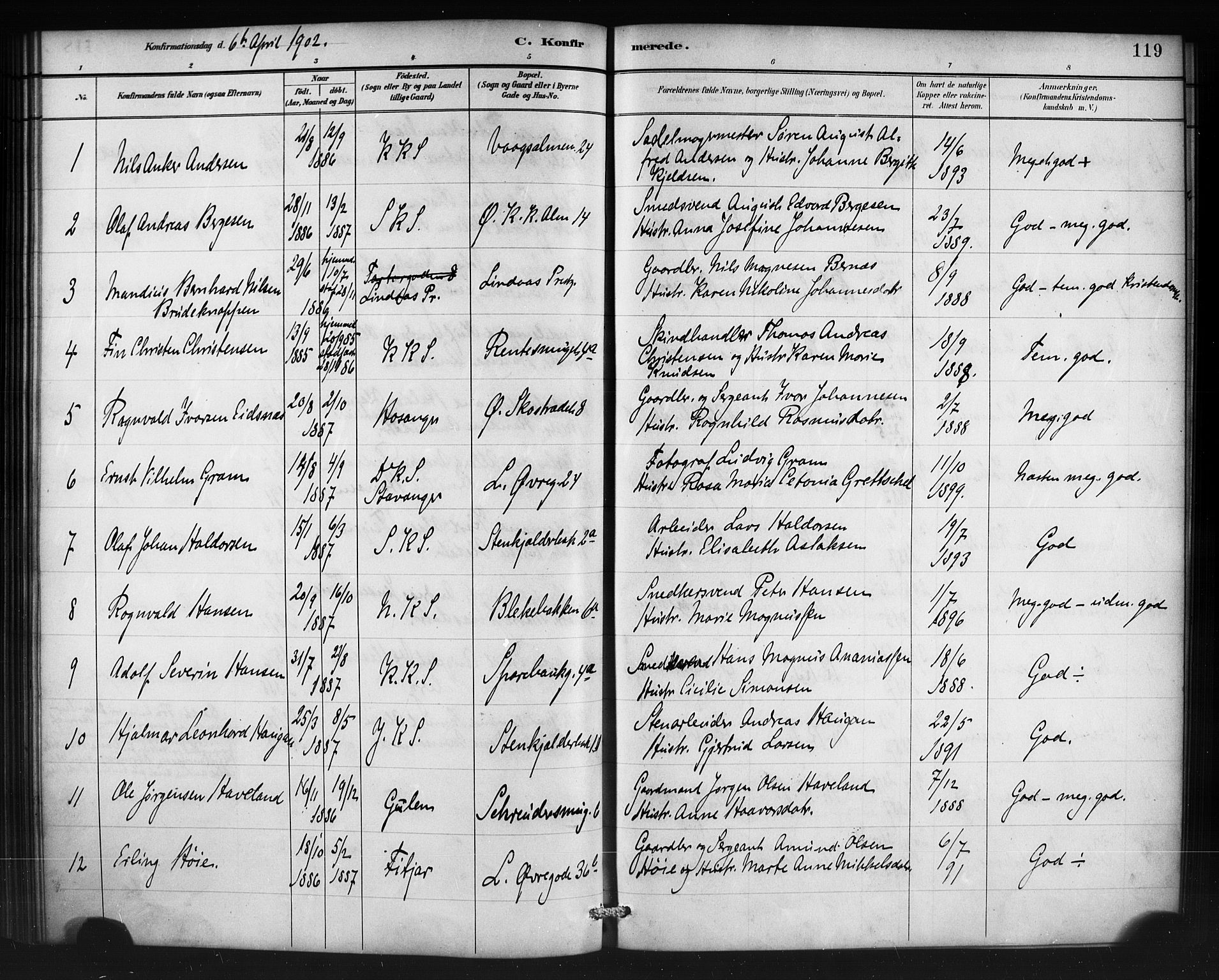 Korskirken sokneprestembete, SAB/A-76101/H/Haa/L0071: Curate's parish register no. A 6, 1885-1912, p. 119