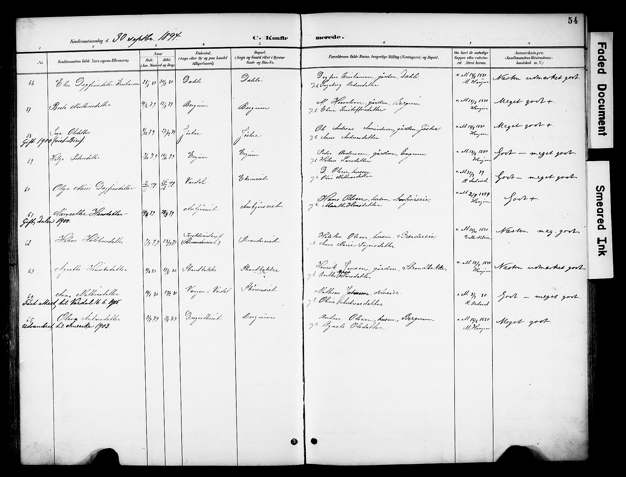 Biri prestekontor, SAH/PREST-096/H/Ha/Haa/L0008: Parish register (official) no. 8, 1894-1901, p. 54