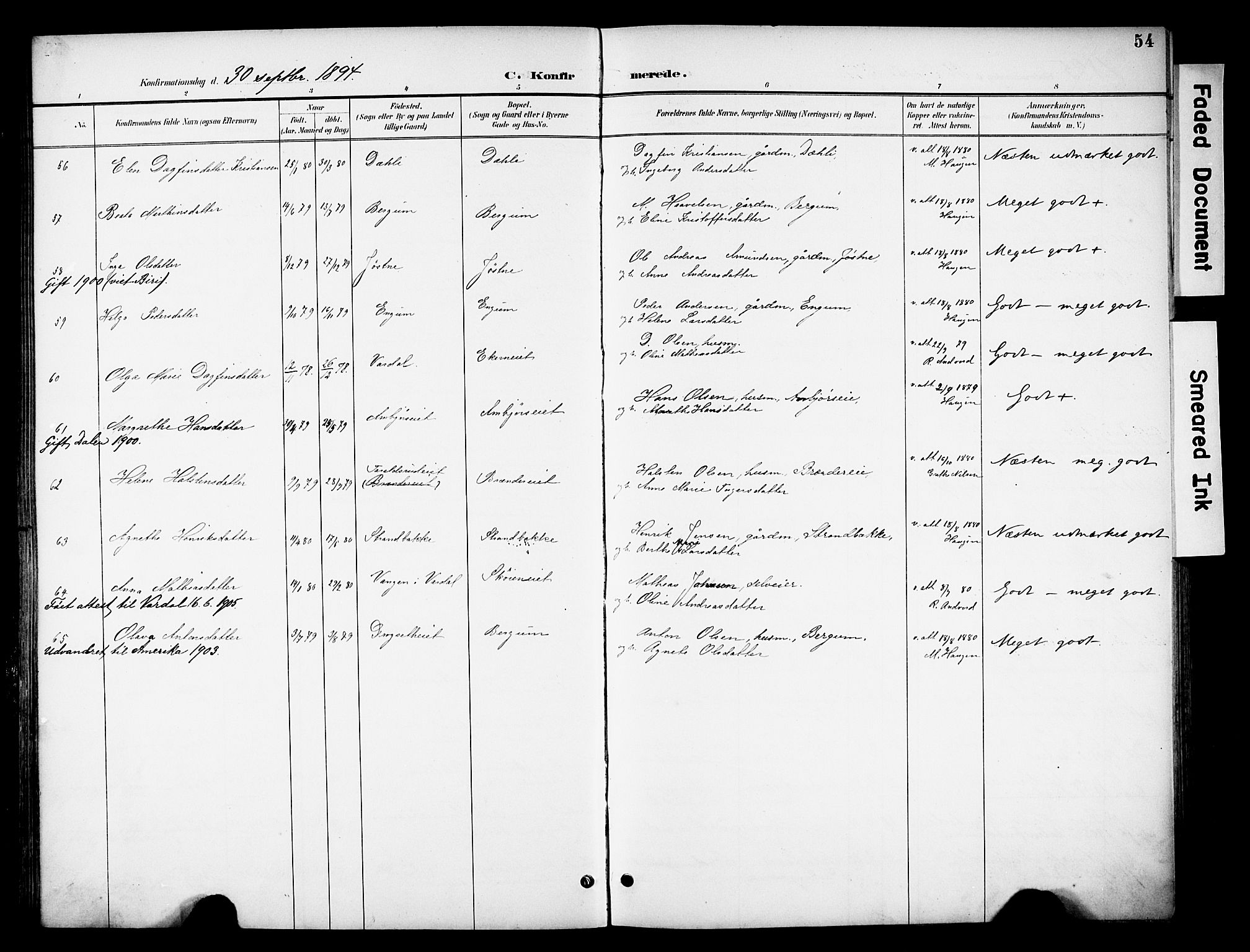 Biri prestekontor, AV/SAH-PREST-096/H/Ha/Haa/L0008: Parish register (official) no. 8, 1894-1901, p. 54