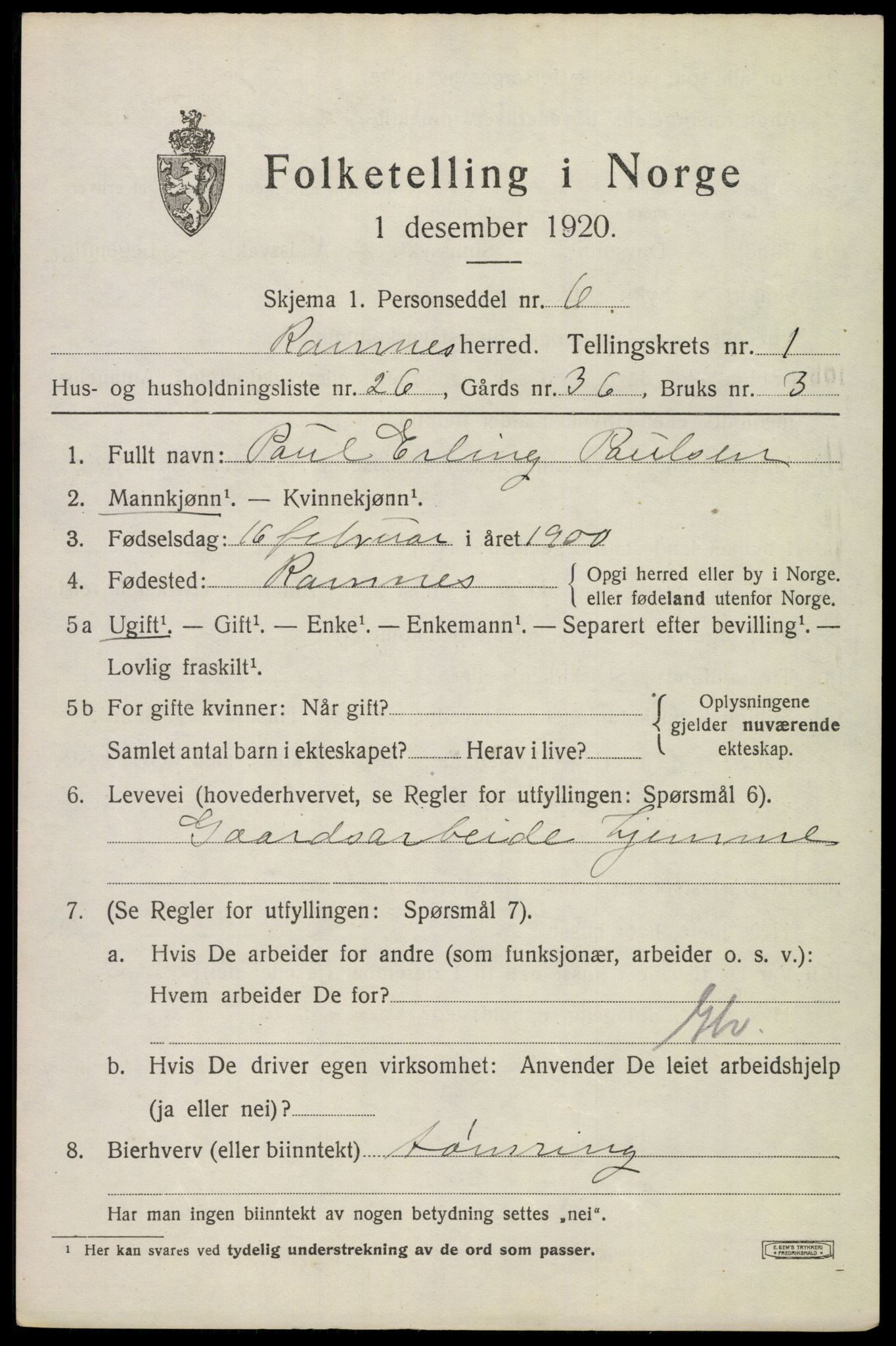 SAKO, 1920 census for Ramnes, 1920, p. 1464