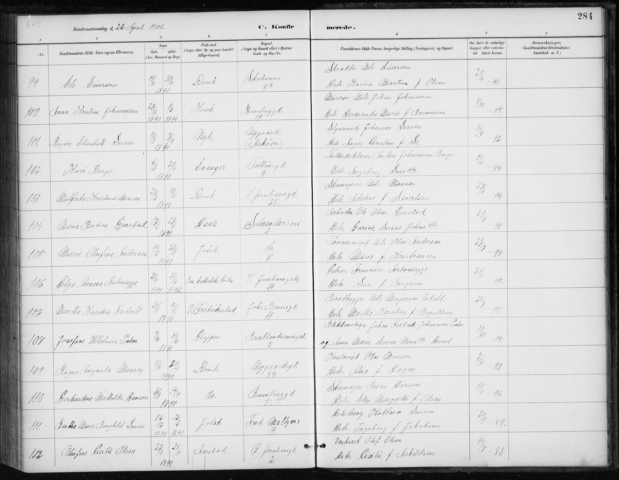 Johanneskirken sokneprestembete, SAB/A-76001/H/Haa/L0008: Parish register (official) no. C 1, 1885-1907, p. 284