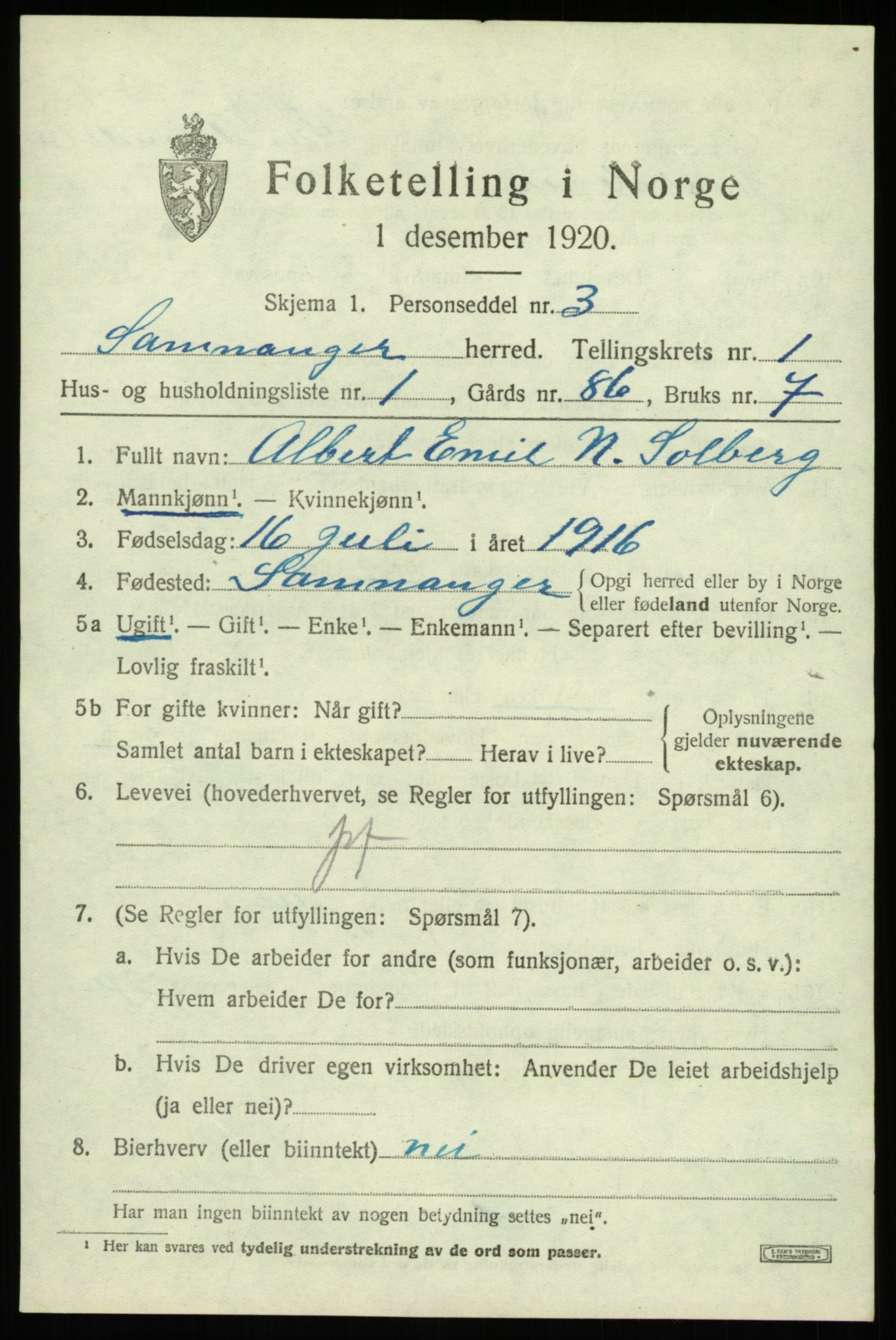 SAB, 1920 census for Samnanger, 1920, p. 857