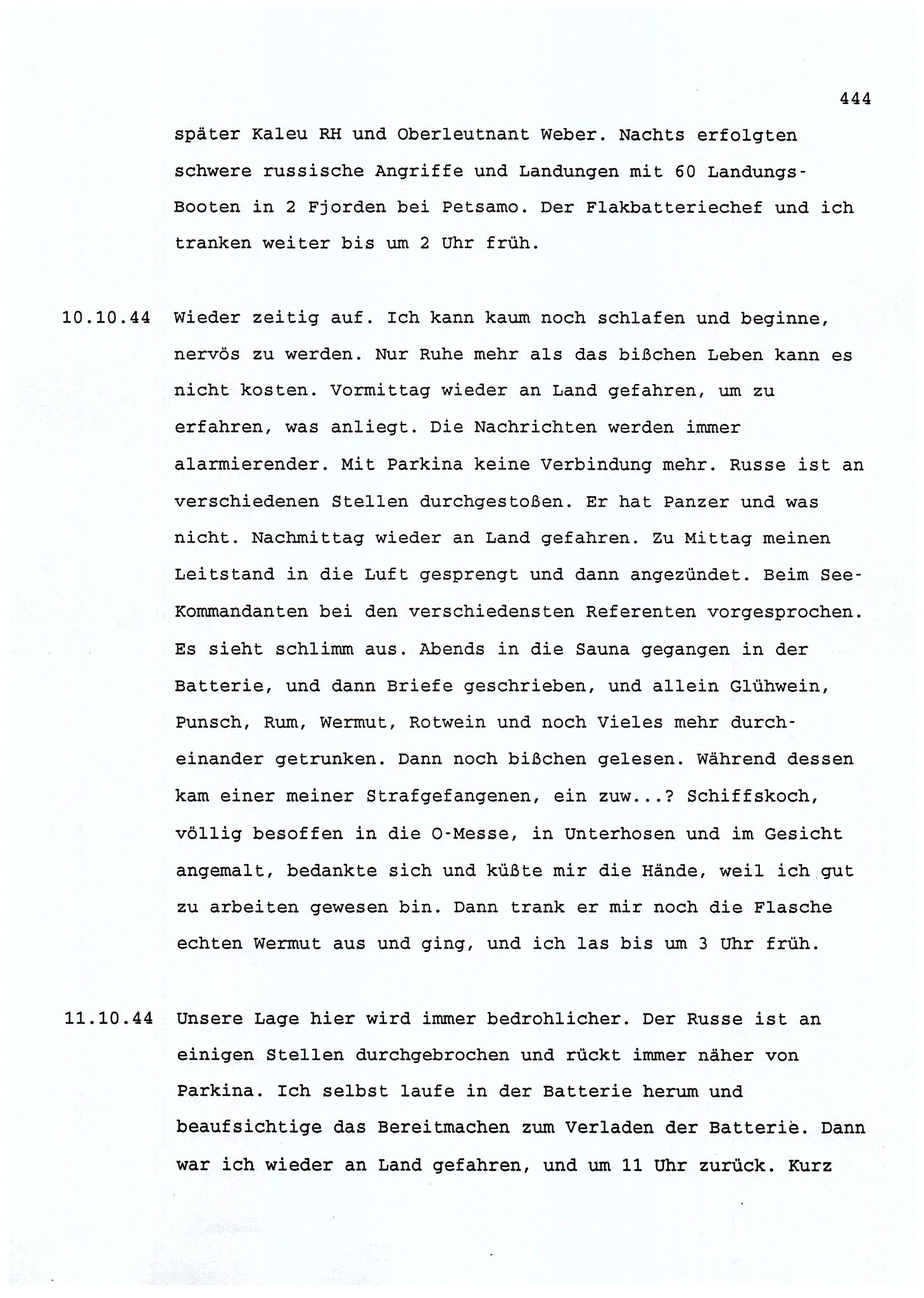 Dagbokopptegnelser av en tysk marineoffiser stasjonert i Norge , FMFB/A-1160/F/L0001: Dagbokopptegnelser av en tysk marineoffiser stasjonert i Norge, 1941-1944, p. 444