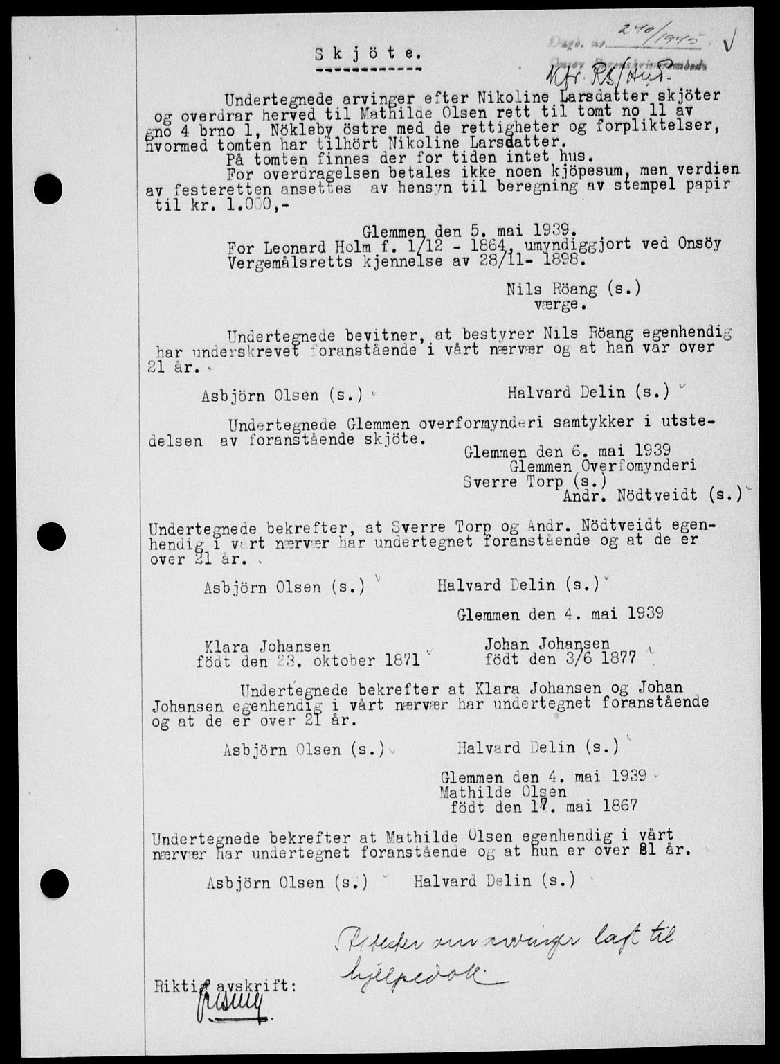 Onsøy sorenskriveri, SAO/A-10474/G/Ga/Gab/L0014: Mortgage book no. II A-14, 1944-1945, Diary no: : 240/1945