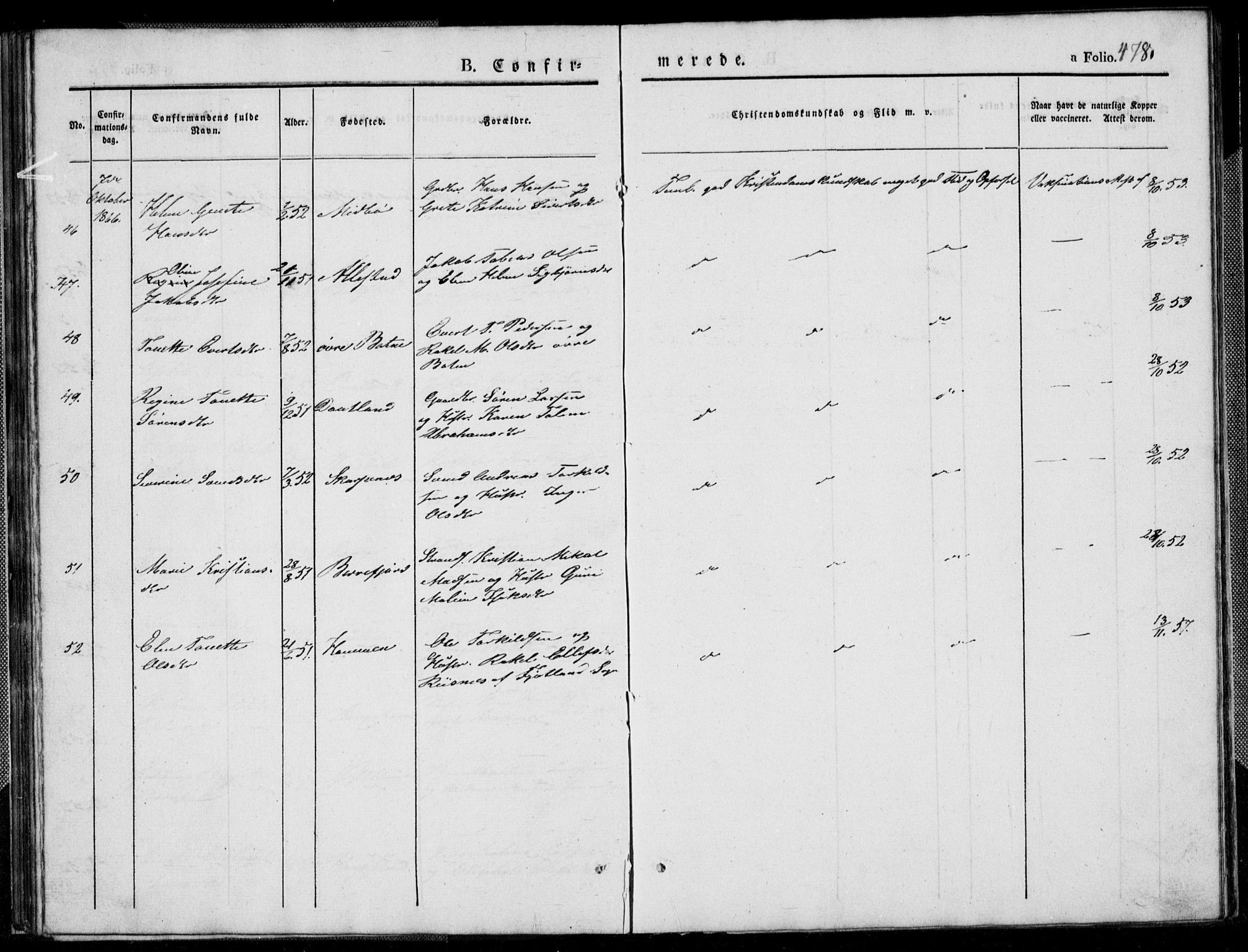 Flekkefjord sokneprestkontor, SAK/1111-0012/F/Fb/Fbb/L0002: Parish register (copy) no. B 2b, 1831-1866, p. 478