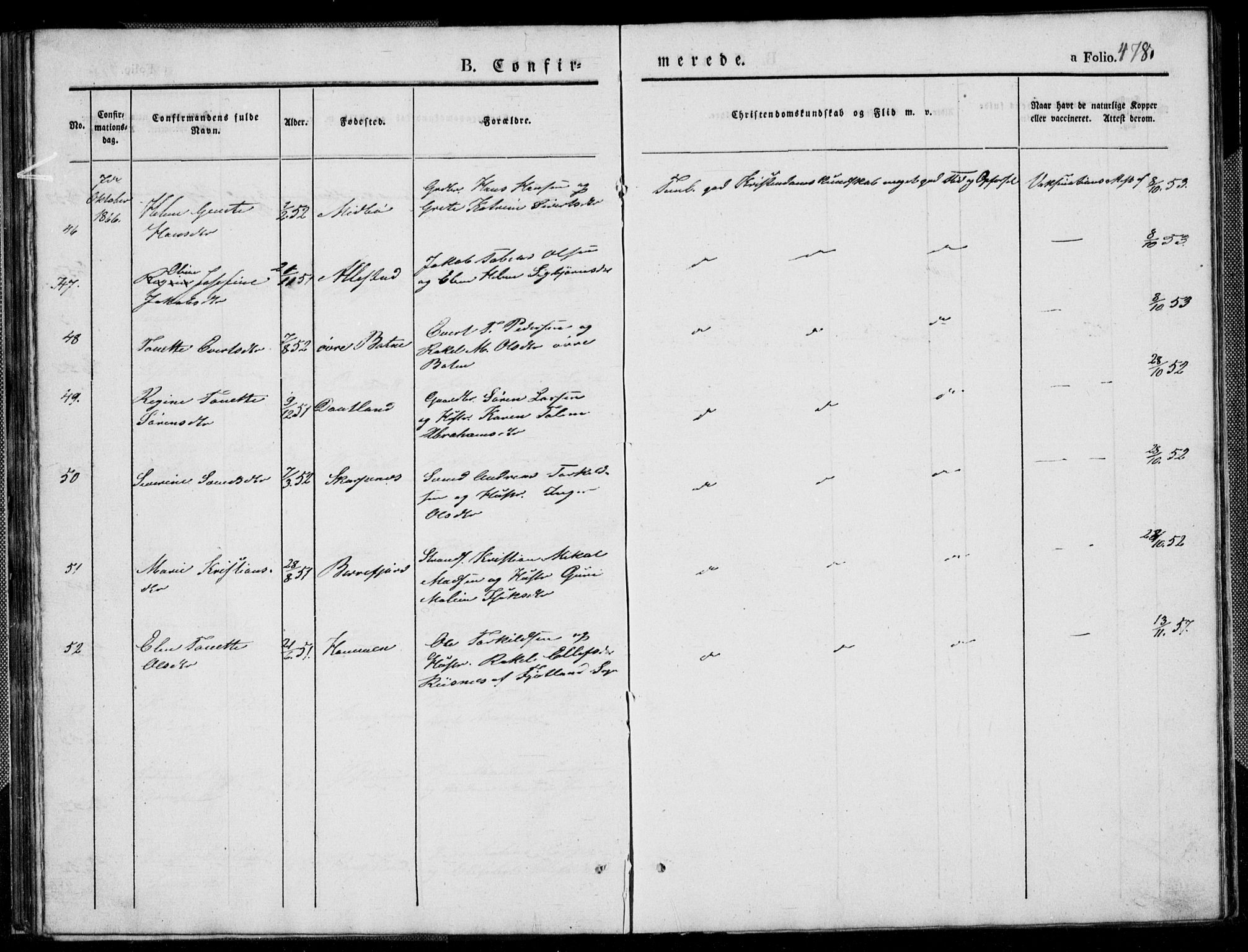 Flekkefjord sokneprestkontor, AV/SAK-1111-0012/F/Fb/Fbb/L0002: Parish register (copy) no. B 2b, 1831-1866, p. 478