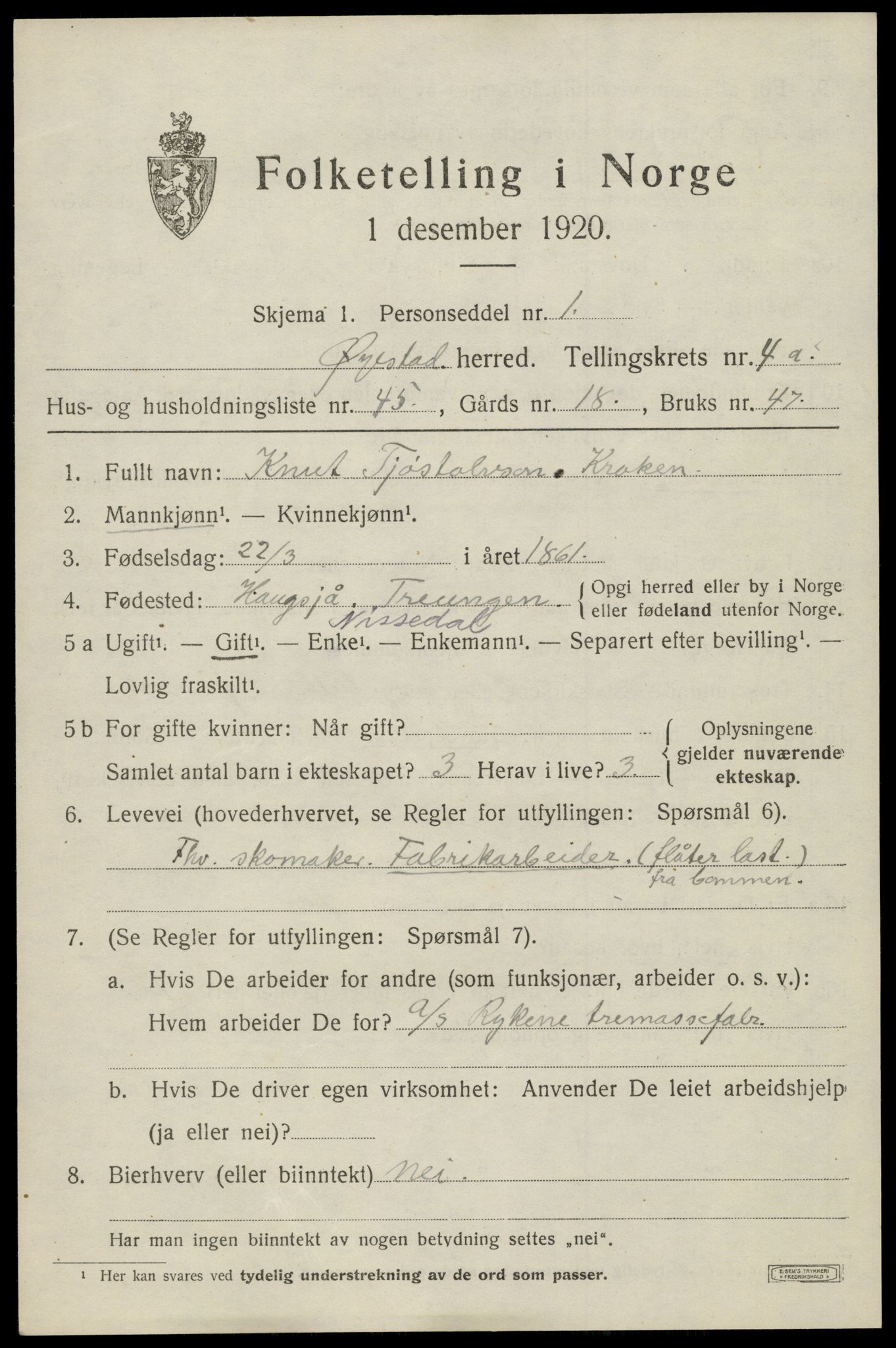 SAK, 1920 census for Øyestad, 1920, p. 3612