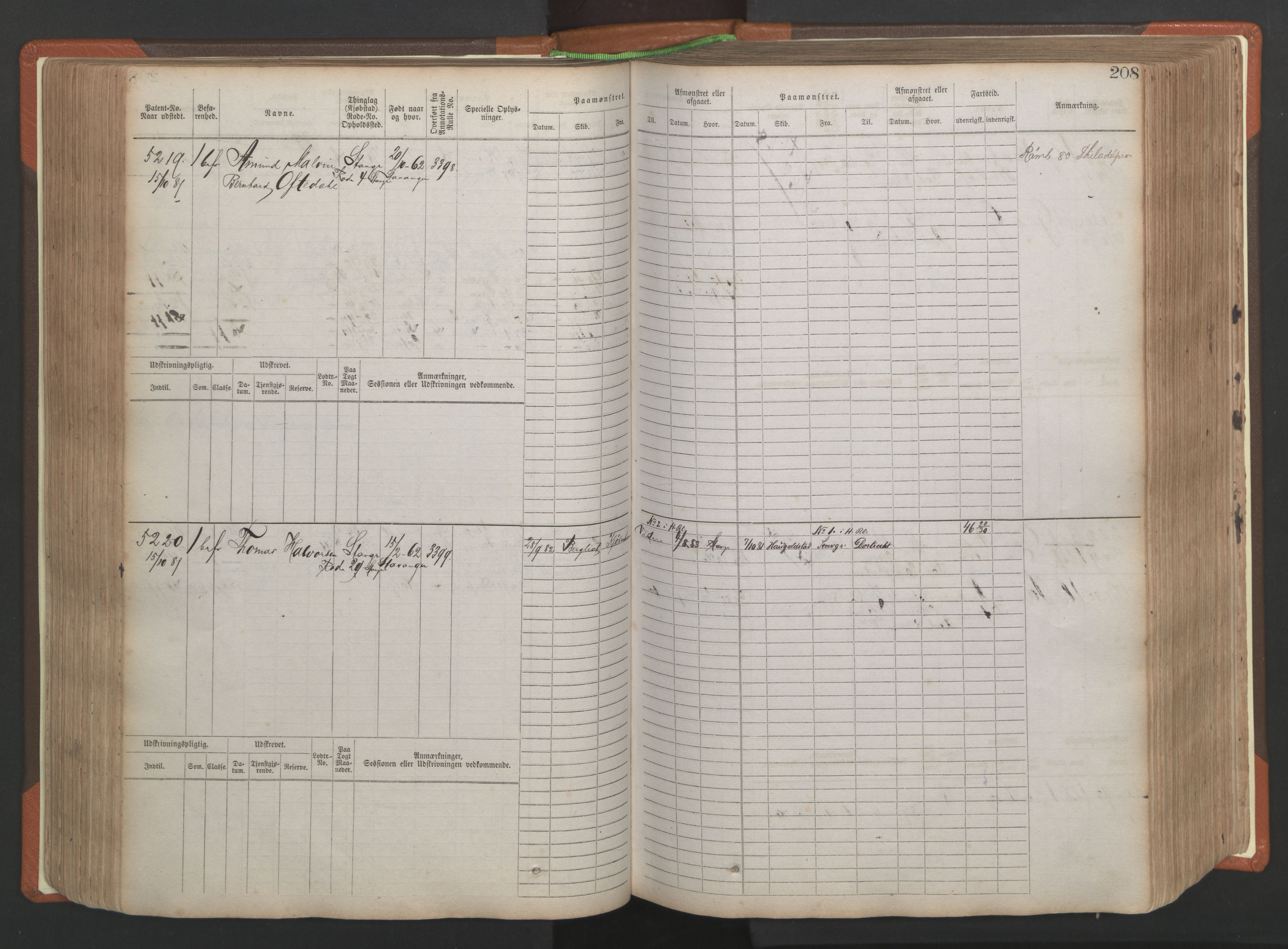 Stavanger sjømannskontor, AV/SAST-A-102006/F/Fb/Fbb/L0009: Sjøfartshovedrulle, patentnr. 4805-6006, 1879-1887, p. 214