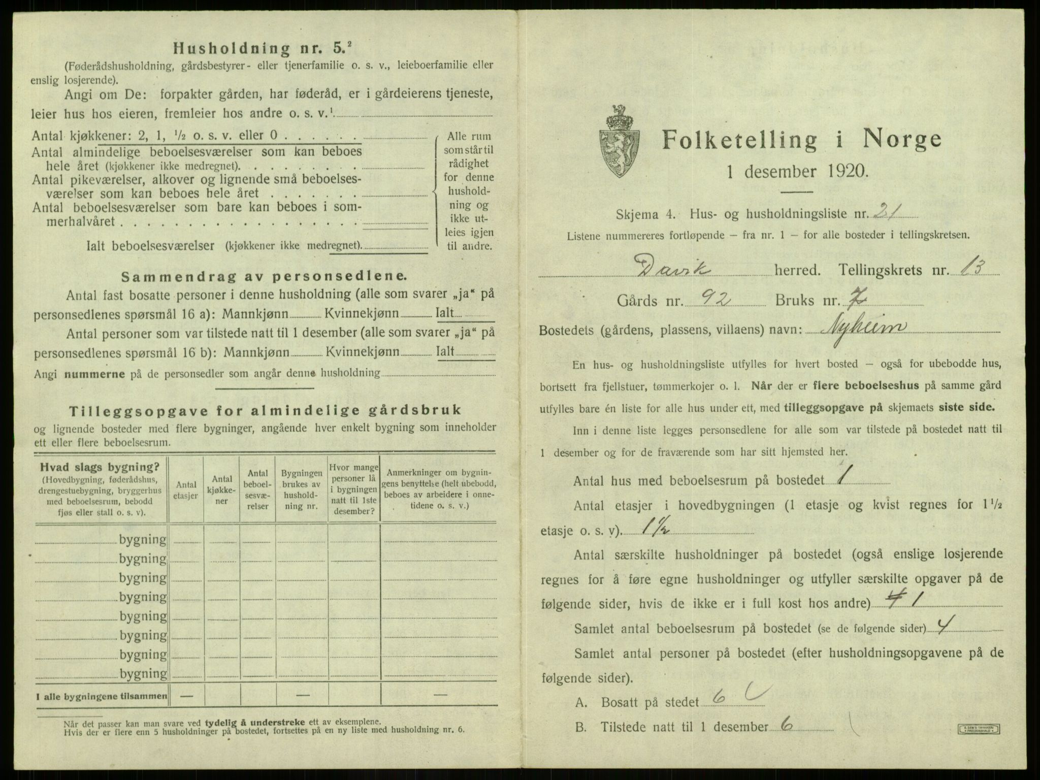 SAB, 1920 census for Davik, 1920, p. 876