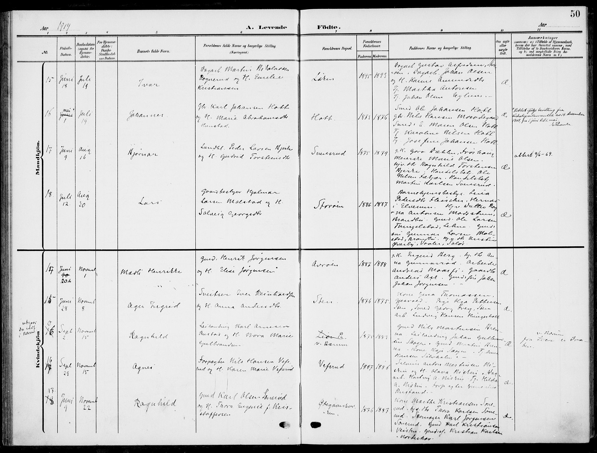 Hole kirkebøker, AV/SAKO-A-228/F/Fa/L0010: Parish register (official) no. I 10, 1907-1917, p. 50