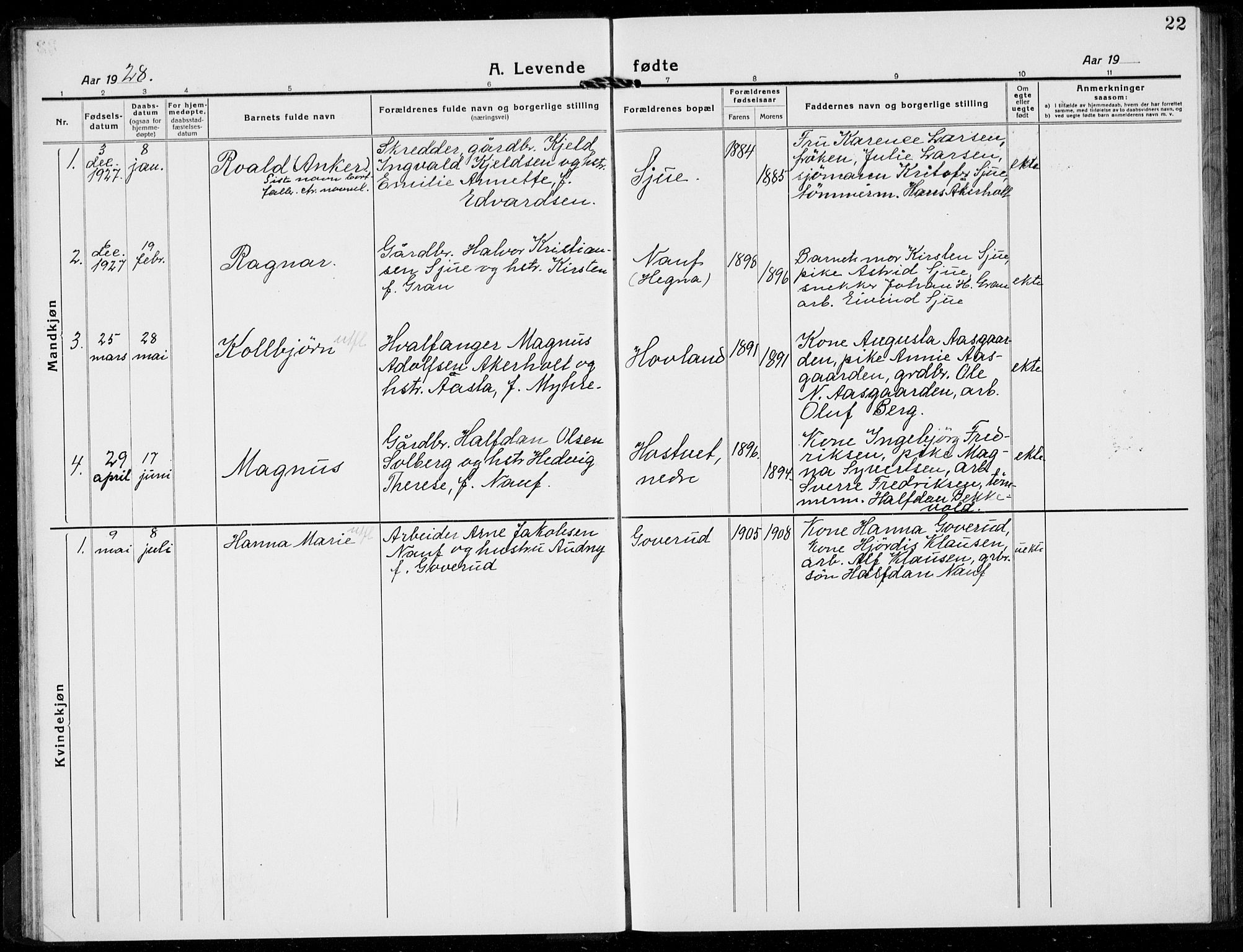 Hof kirkebøker, AV/SAKO-A-64/G/Gb/L0004: Parish register (copy) no. II 4, 1917-1934, p. 22