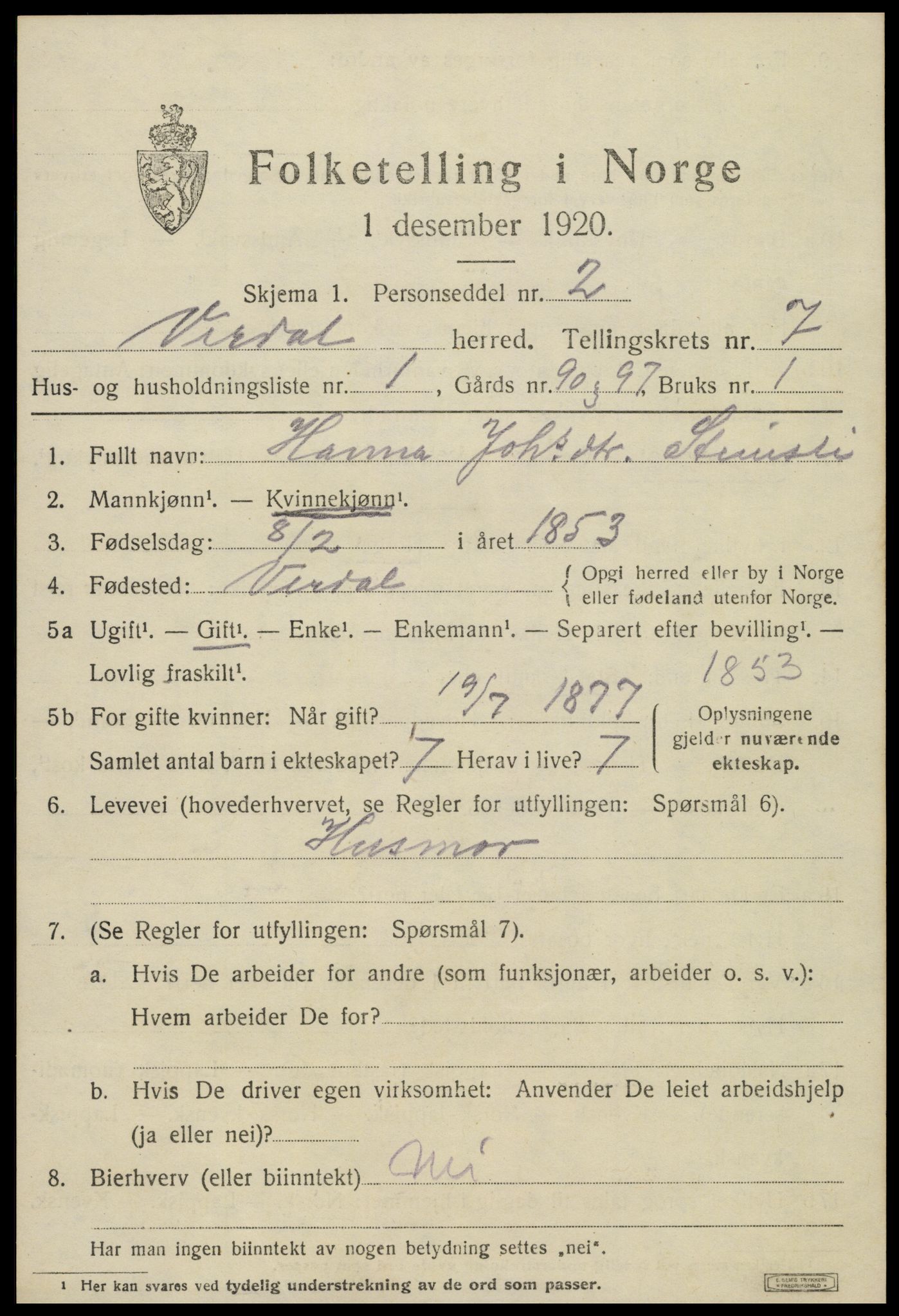 SAT, 1920 census for Verdal, 1920, p. 9523