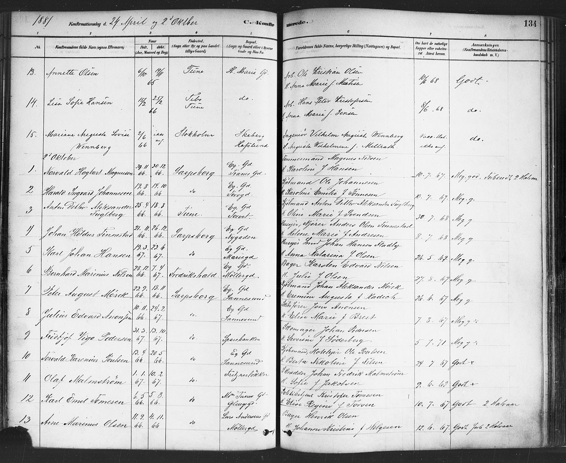 Sarpsborg prestekontor Kirkebøker, SAO/A-2006/F/Fa/L0003: Parish register (official) no. 3, 1878-1891, p. 134