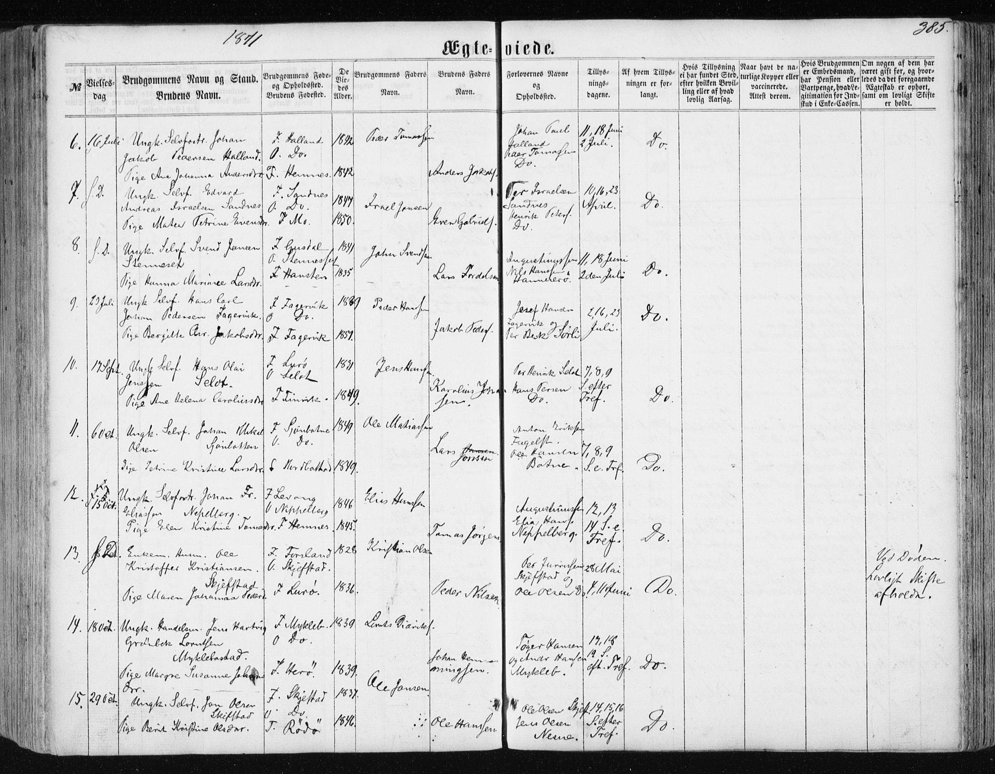 Ministerialprotokoller, klokkerbøker og fødselsregistre - Nordland, AV/SAT-A-1459/838/L0556: Parish register (copy) no. 838C03, 1861-1893, p. 385