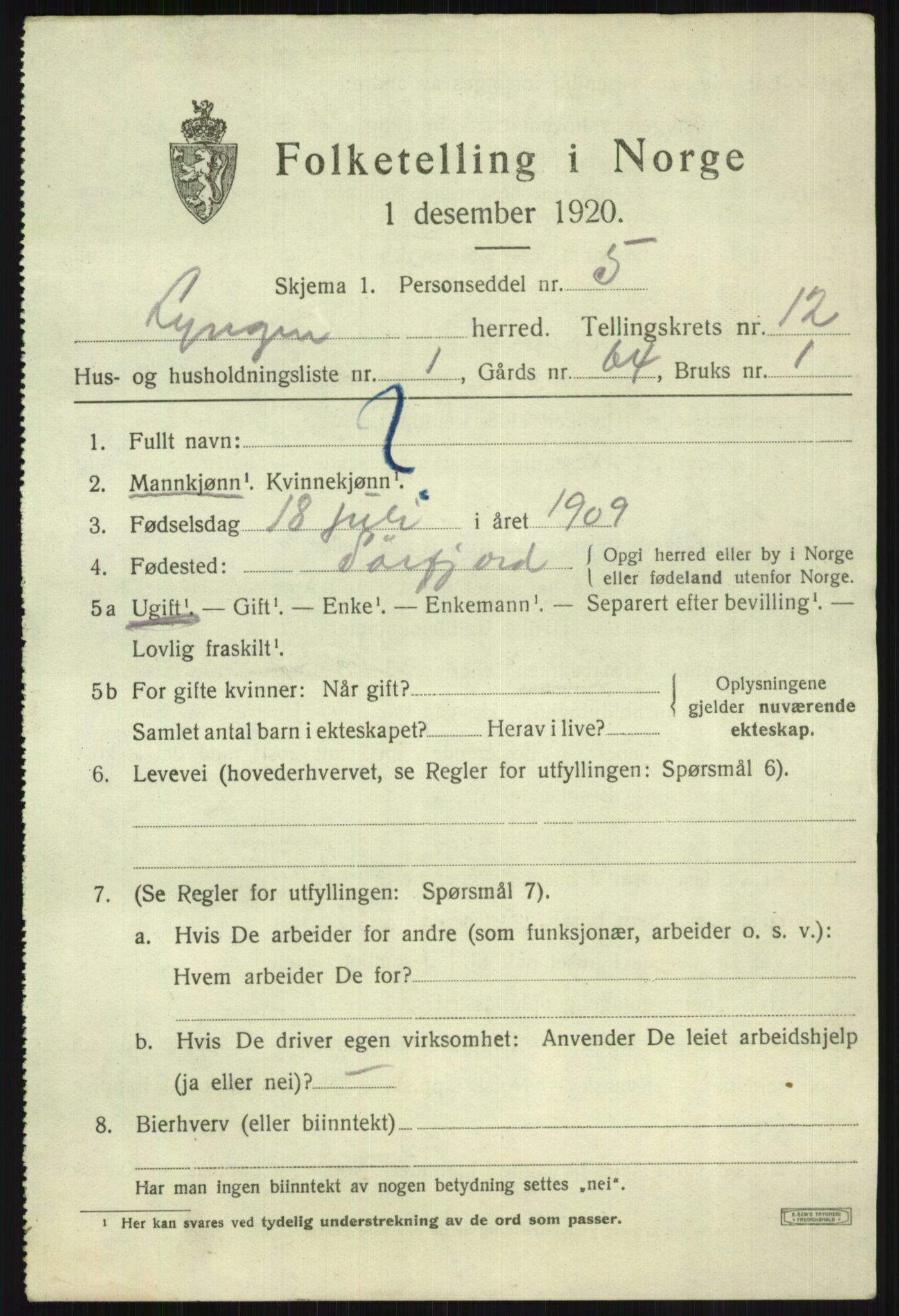 SATØ, 1920 census for Lyngen, 1920, p. 9063